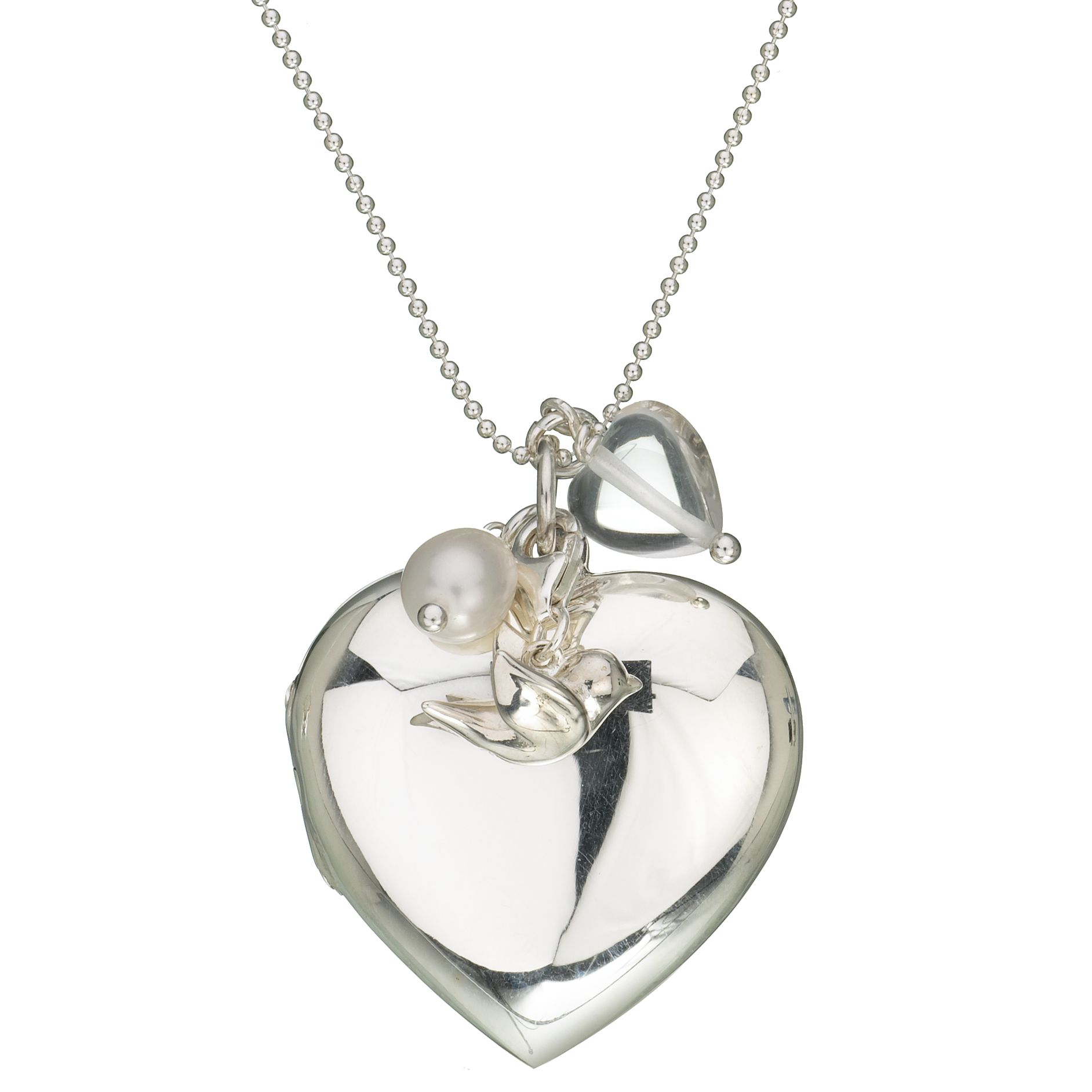 Martick Jewellery Silver Heart Locket, Pearl & Dove Necklace, MJ1383