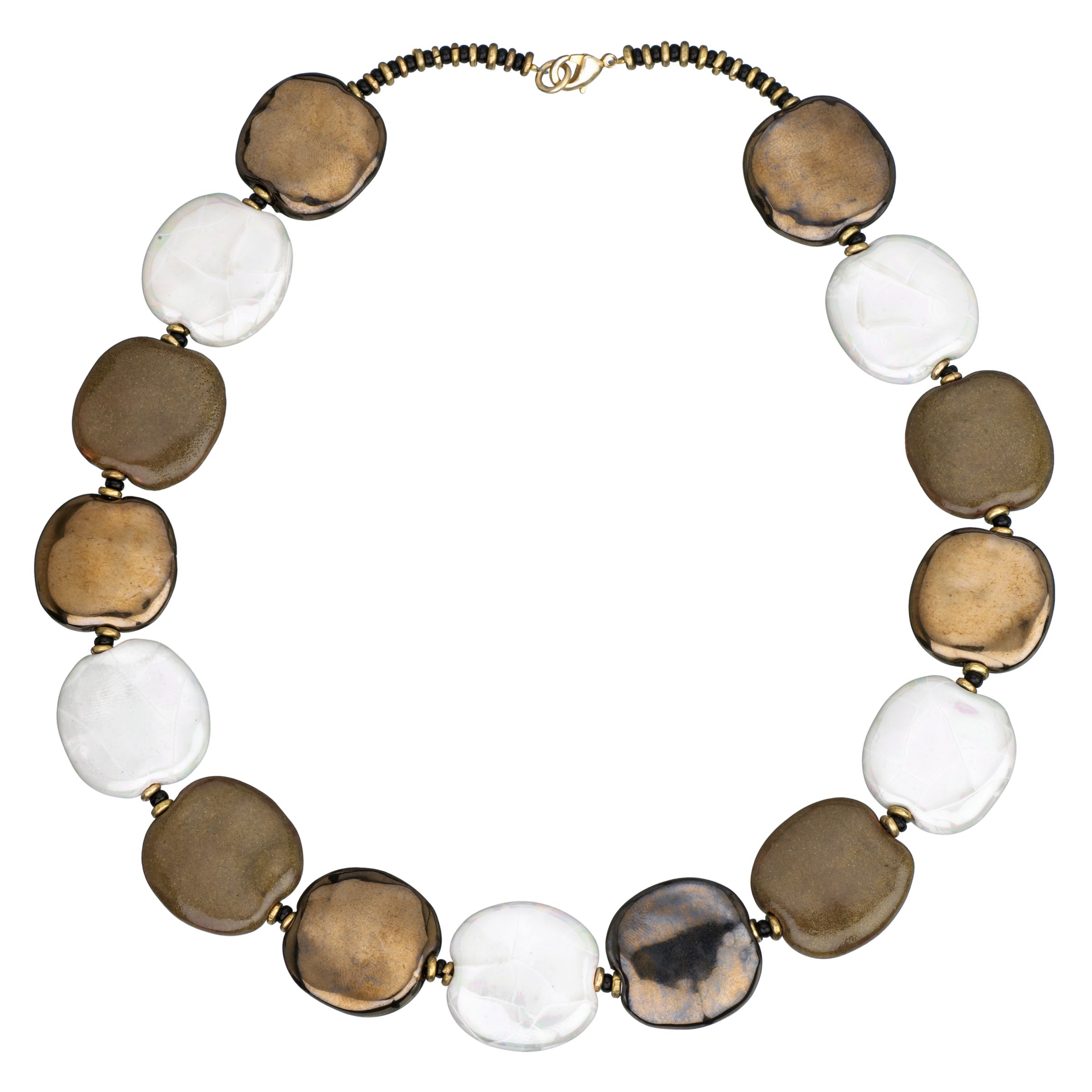 Kazuri Pita Pat Ceramic Bead Necklace, Bullrush Gold & White