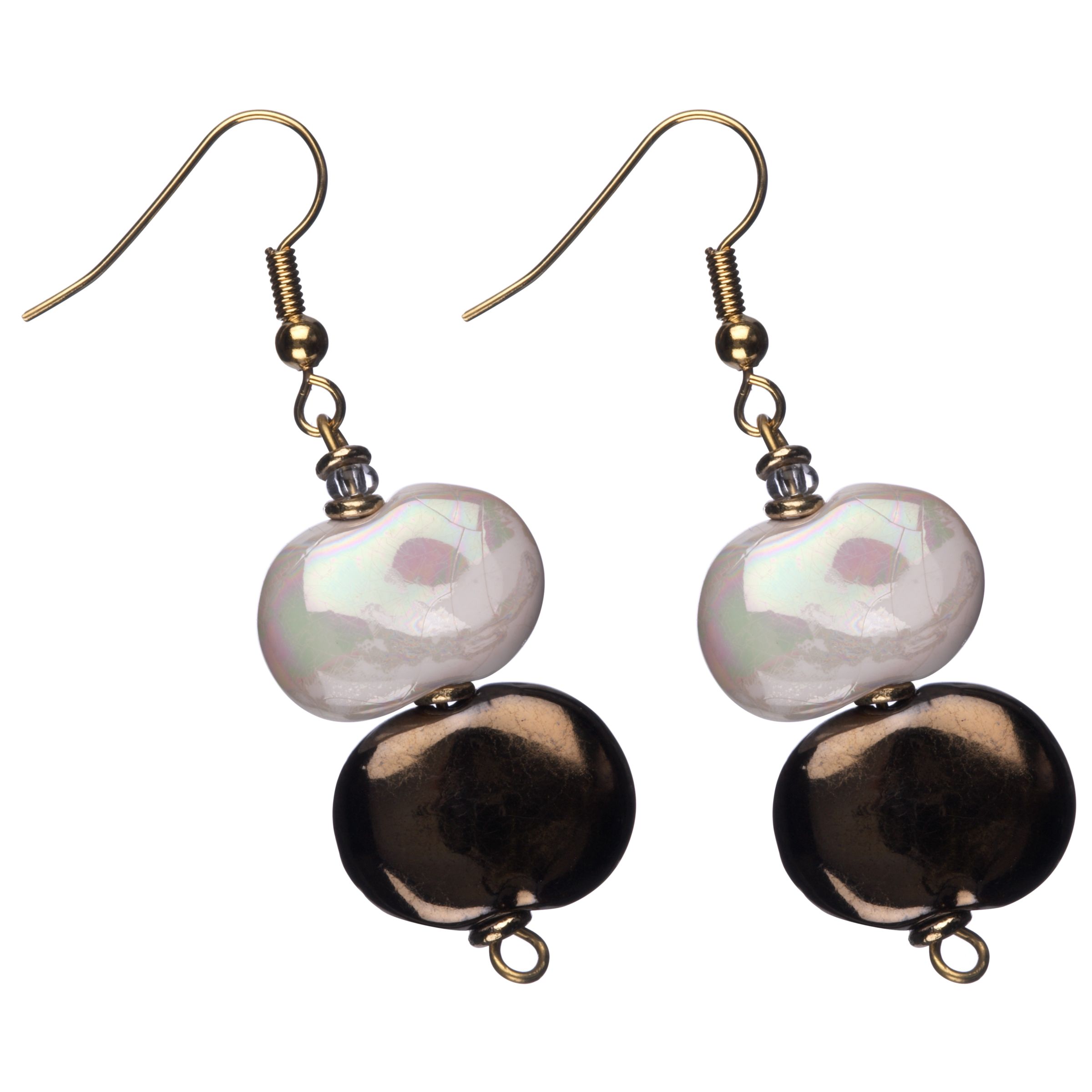 Kazuri Ceramic Double Drop Earrings, White & Gold Kazuri Ceramic Double Drop Earrings, White & Gold