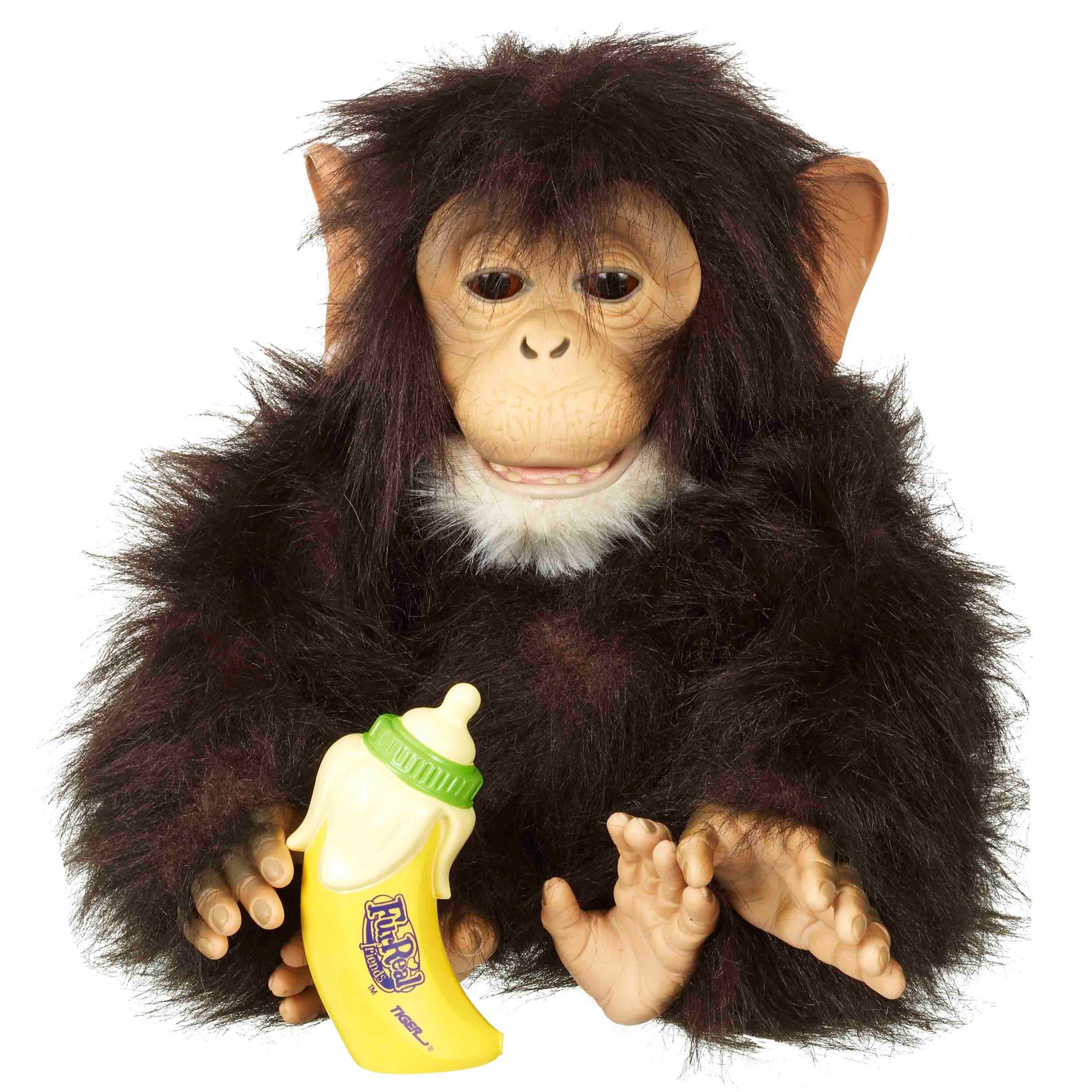 Stop monkeying around and give me a hug! The FurReal Friends Cuddle Chimp is cute and adorable - we dare you to put him down for a minute without wanting to pick him up again! But don’t leave him too long without attention or he’ll let out a sigh of angst and eventually fall asleep. Tickle his foot however, and his snores will turn to giggles! When he’s hungry why not feed him with the banana bottle?