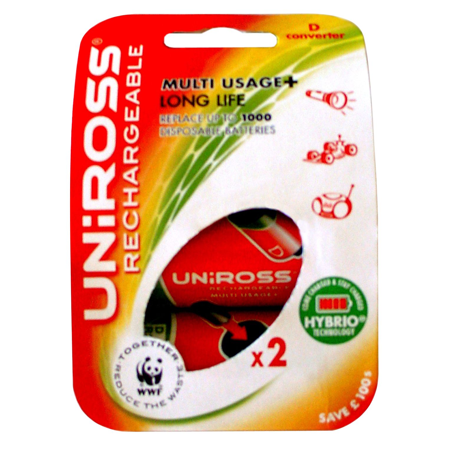 Uniross Rechargeable D Batteries Pack of 2