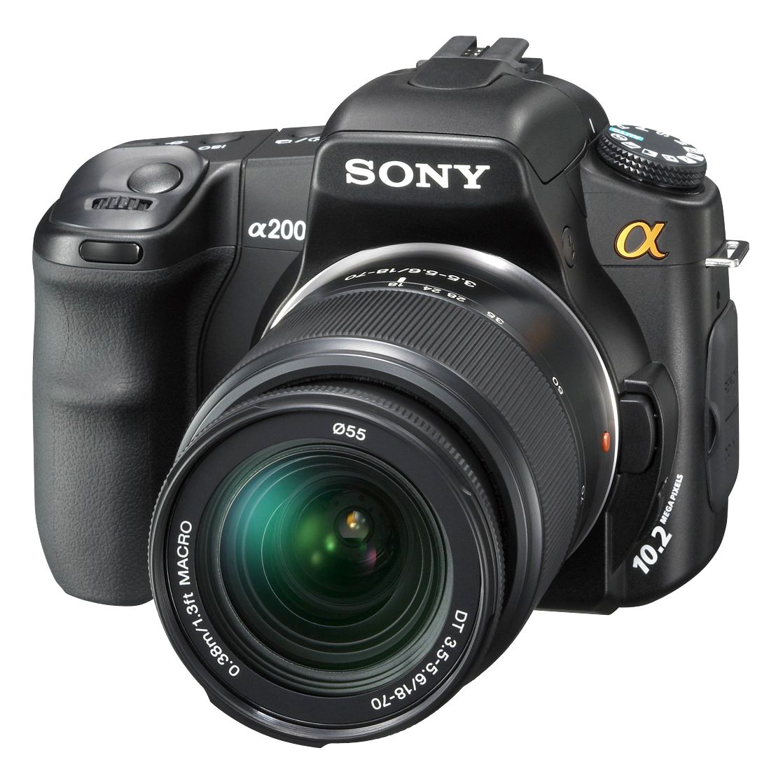 Shoot up to 3 pictures a second with the Sony DSLR-A200 digital SLR camera. Its ultra responsive operation coupled with the fast, high-accuracy 9-point autofocus mean you should never miss a shot. At the heart of this superb camera lies a 10.2 megapixel CCD sensor which combined with the high speed BIONZ image processing engine guarantees great image quality. You’ll get great results in low light without the flash thanks to a high sensitivity of up to ISO3200, while the D-Optimiser can adjust the contrast and exposure of a slightly lacking image to give perfect results.Enhanced Super SteadyShot optical image stabilisation within the body reduces camera shake with all lenses ensuring sharp shots. A 2.7” LCD screen allows you to critically evaluate your shots after you’ve taken them, and thanks to the Quick Navi function accessing the camera’s settings is fast and easy. You’ll enjoy shooting without interruption thanks to a high-capacity lithium battery which allows up to a whopping 750 shots between charges. Finally, not only is the DSLR-A200 compatible with a full range of mount lenses from Sony and Carl Zeiss and Konica Minolta, but the dual anti-dust system protects the image sensor during lens exchange.