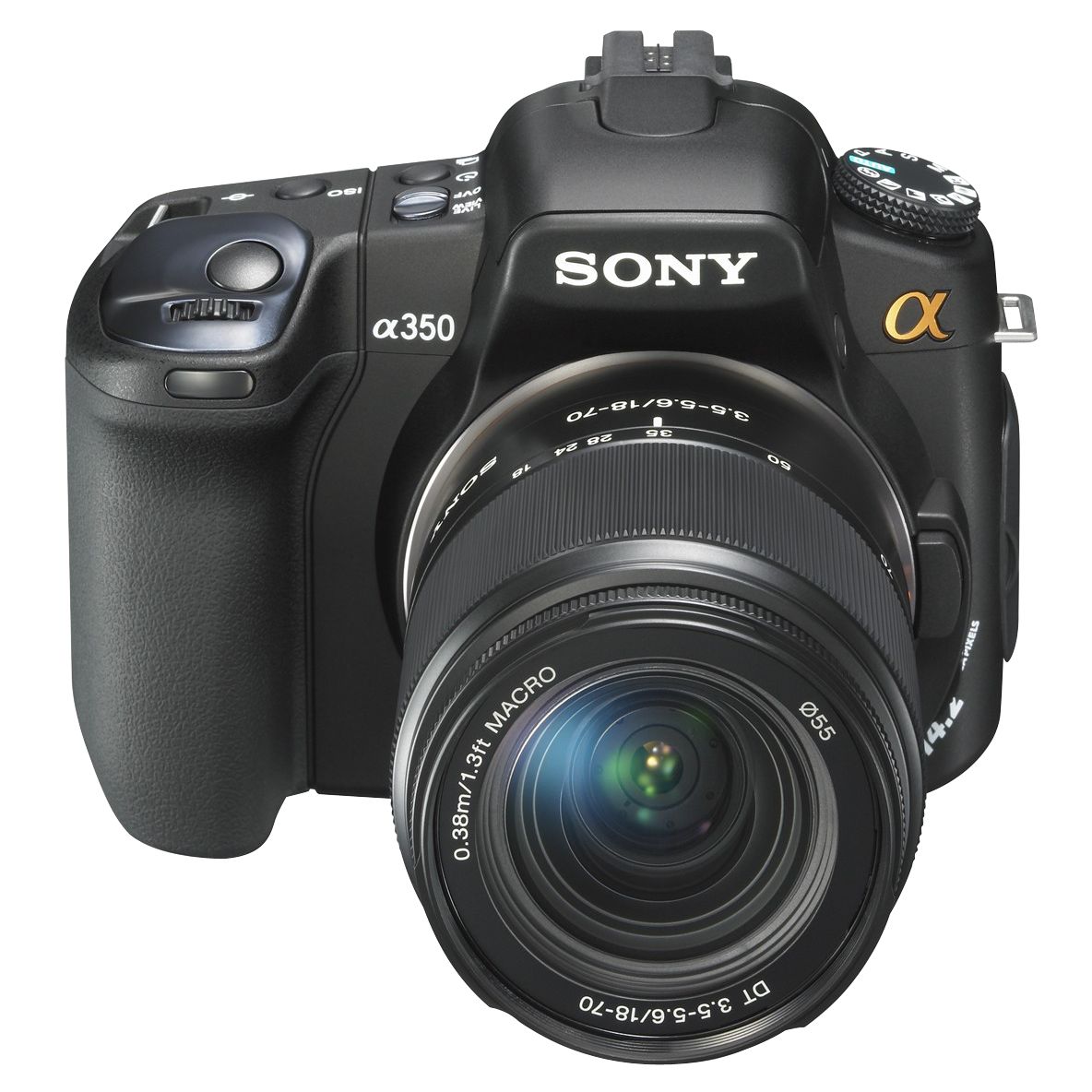 With its two sensor design and Quick AF Live View, it’s easy to keep your subject in focus with the Sony DSLR-A350 digital SLR camera. The variable angle 2.7-inch Clear Photo LCD screen makes it a breeze to frame scenes from high or low positions which might be difficult to reach when using an eye-level viewfinder. As the camera does not need to be in front of your face, parents can even maintain eye-contact when photographing their children.Its ultra responsive operation coupled with the fast, high-accuracy 9-point autofocus mean you should never miss a shot. At the heart of this superb camera lies a generous 14.2 megapixel CCD sensor which combined with the high speed BIONZ image processing engine guarantees great image quality. You’ll get great results in low light without the flash thanks to a high sensitivity of up to ISO3200, while the D-Optimiser can adjust the contrast and exposure of a slightly lacking image to give perfect results.Enhanced Super SteadyShot optical image stabilisation within the body reduces camera shake with all lenses ensuring sharp shots. Thanks to the Quick Navi function accessing the camera’s settings is fast and easy. You’ll enjoy shooting without interruption thanks to a high-capacity lithium battery which allows up to a whopping 730 shots between charges. Finally, not only is the DSLR-A350 compatible with a full range of mount lenses from Sony and Carl Zeiss and Konica Minolta, but the dual anti-dust system protects the image sensor during lens exchange.