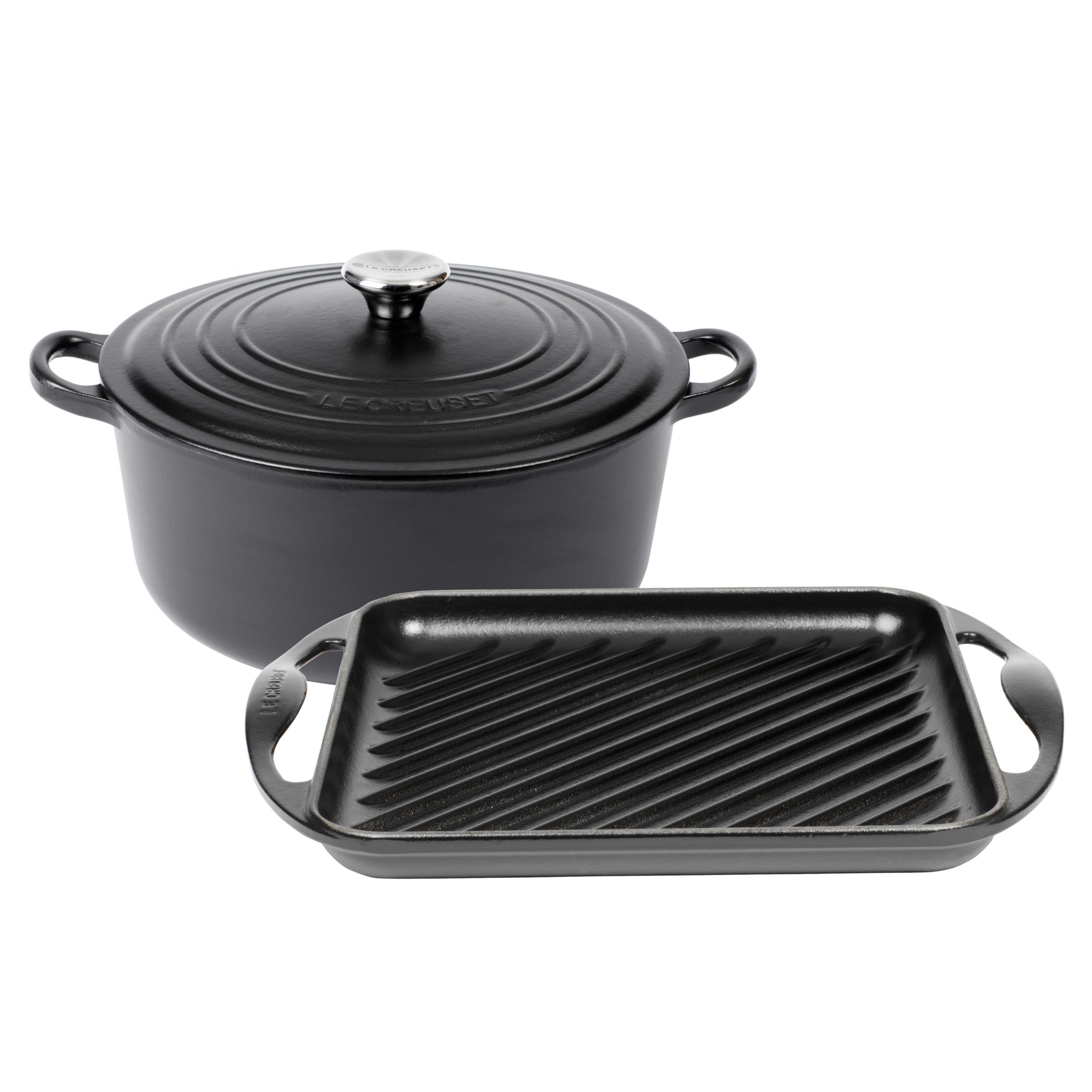 Le Creuset Round Casserole Black 4 3L with FREE Grill Pan