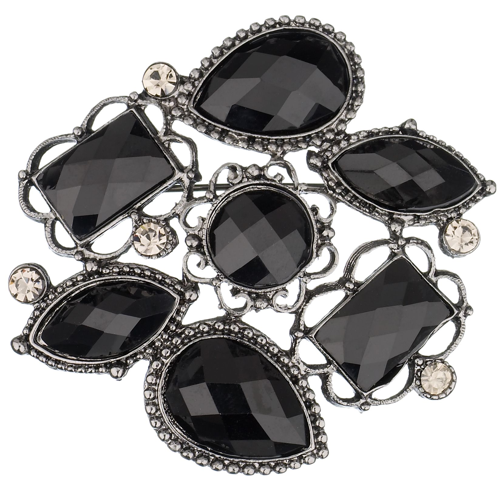 1928 Jet Plated amp Black Diamond Crystal Gems Brooch