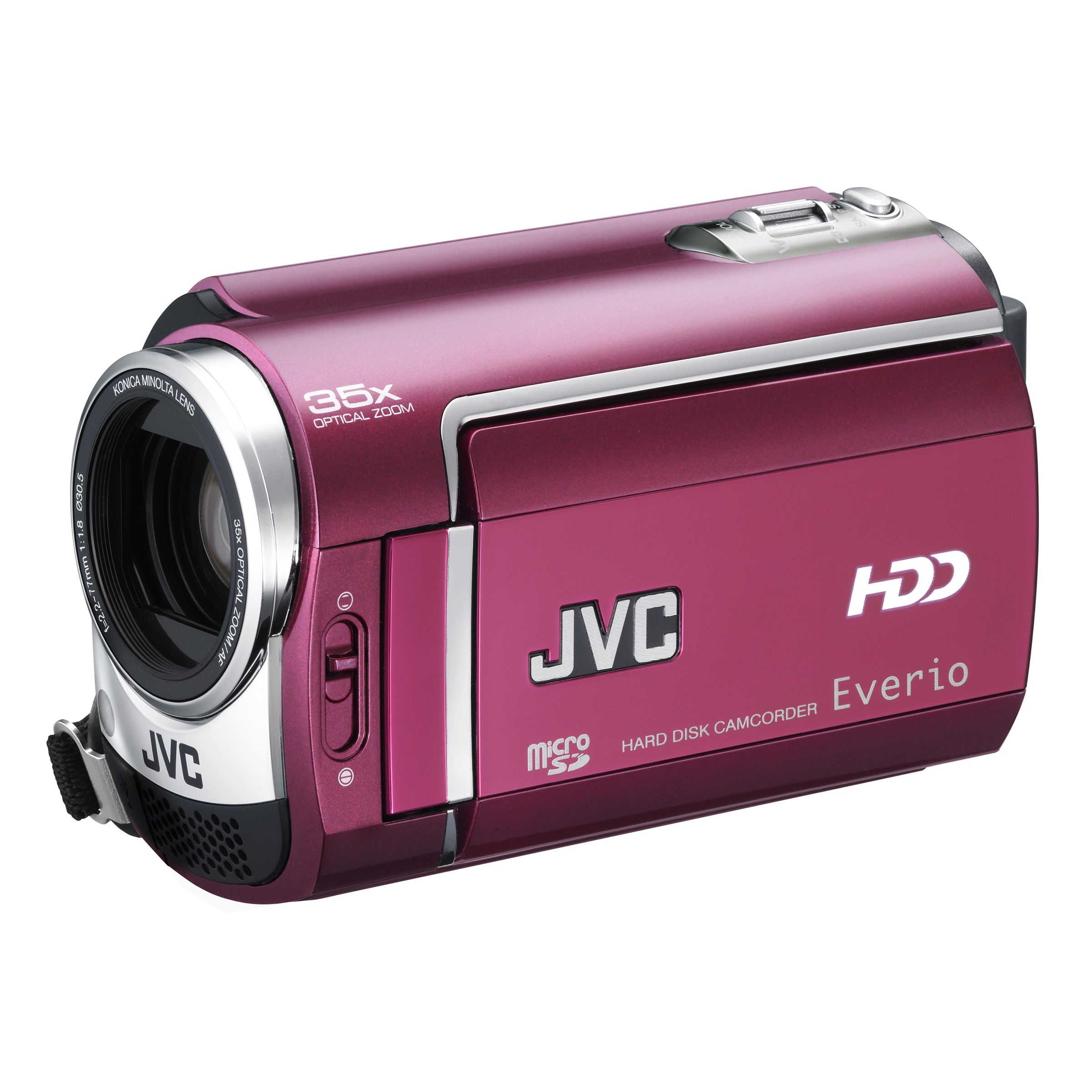 This super-slim red hybrid camcorder features a 30GB hard drive and a microSD memory card slot. Small enough to fit in the palm of your hand, the JVC Everio GZ-MG330R will record up to 37.5 hours of footage or 7 hours and 10 minutes in the best quality recording mode. For added flexibility, you can also record still photos and video to an SD card (not included). Its impressive Gigabrid engine produces clear, crisp video and you can hone in on your subject with the powerful 35x optical/800x digital zoom. Frame and playback your home movie on the fold-out 2.7 inch widescreen LCD. Reviewing your footage and accessing the camcorder’s functions is easy thanks to the touch-sensitive scroll bar. It also arrives with a free 2 year guarantee for your peace of mind.
