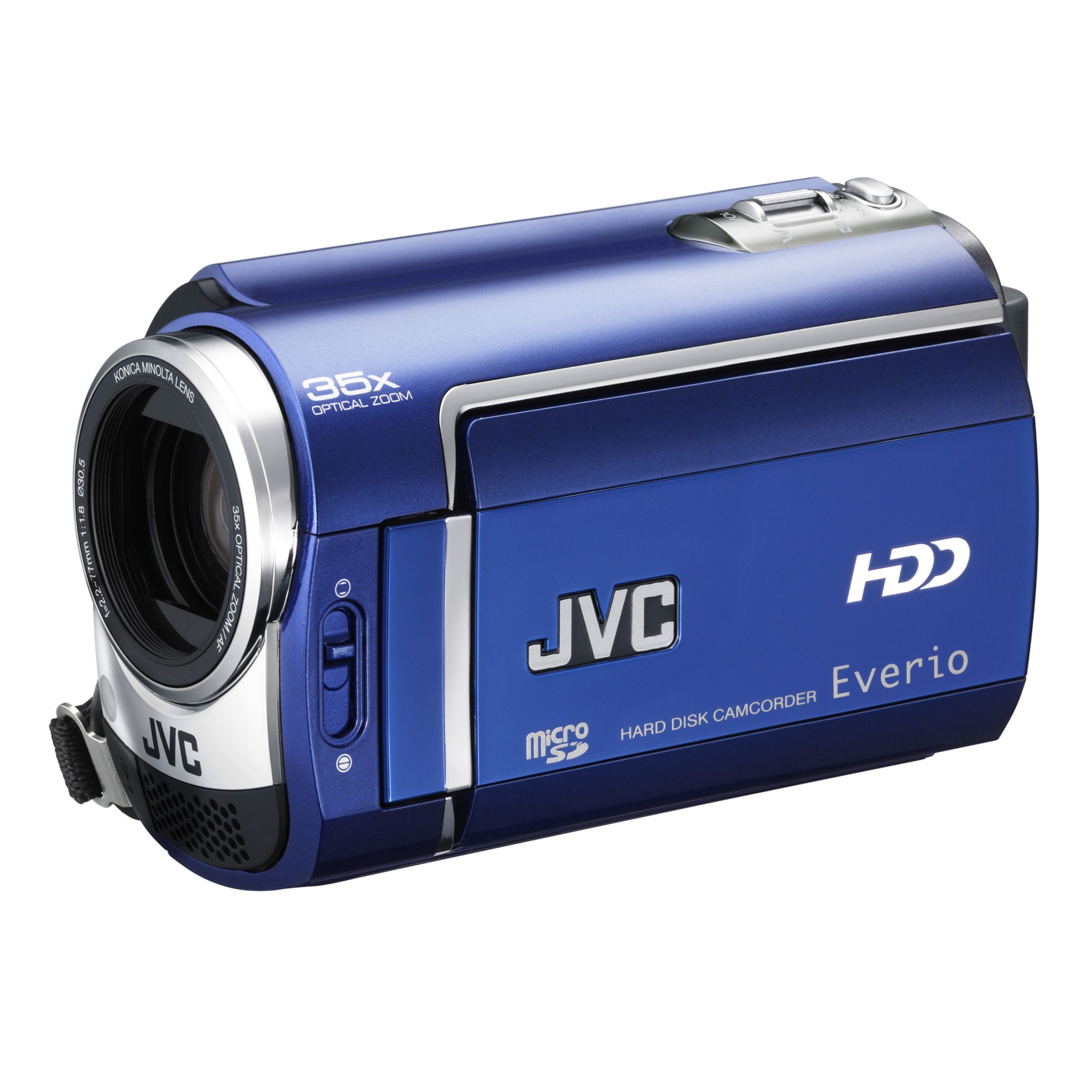 This super-slim blue hybrid camcorder features a 30GB hard drive and a microSD memory card slot. Small enough to fit in the palm of your hand, the JVC Everio GZ-MG330A will record up to 37.5 hours of footage or 7 hours and 10 minutes in the best quality recording mode. For added flexibility, you can also record still photos and video to an SD card (not included). Its impressive Gigabrid engine produces clear, crisp video and you can hone in on your subject with the powerful 35x optical/800x digital zoom. Frame and playback your home movie on the fold-out 2.7 inch widescreen LCD. Reviewing your footage and accessing the camcorder’s functions is easy thanks to the touch-sensitive scroll bar. It also arrives with a free 2 year guarantee for your peace of mind.