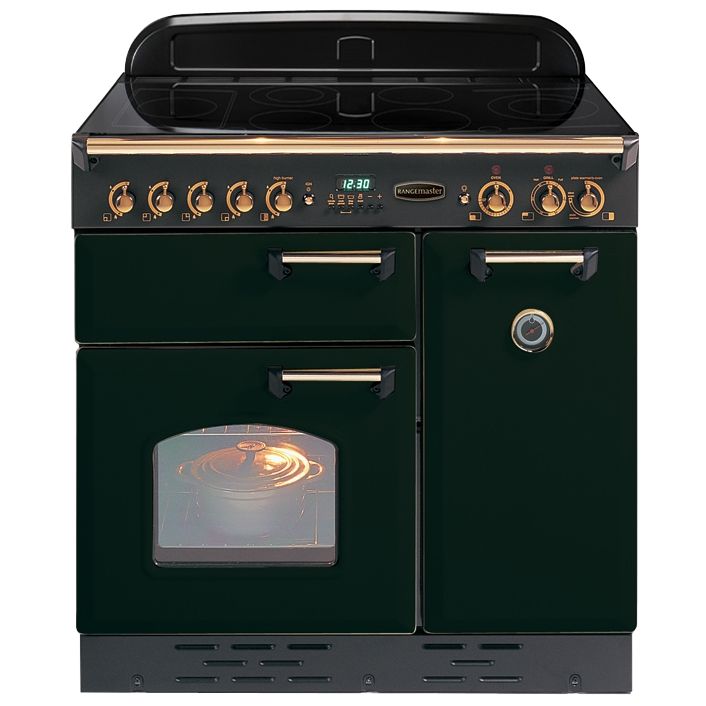 Rangemaster Classic 90 Electric Induction Range Cooker, Black/Brass Trim at John Lewis