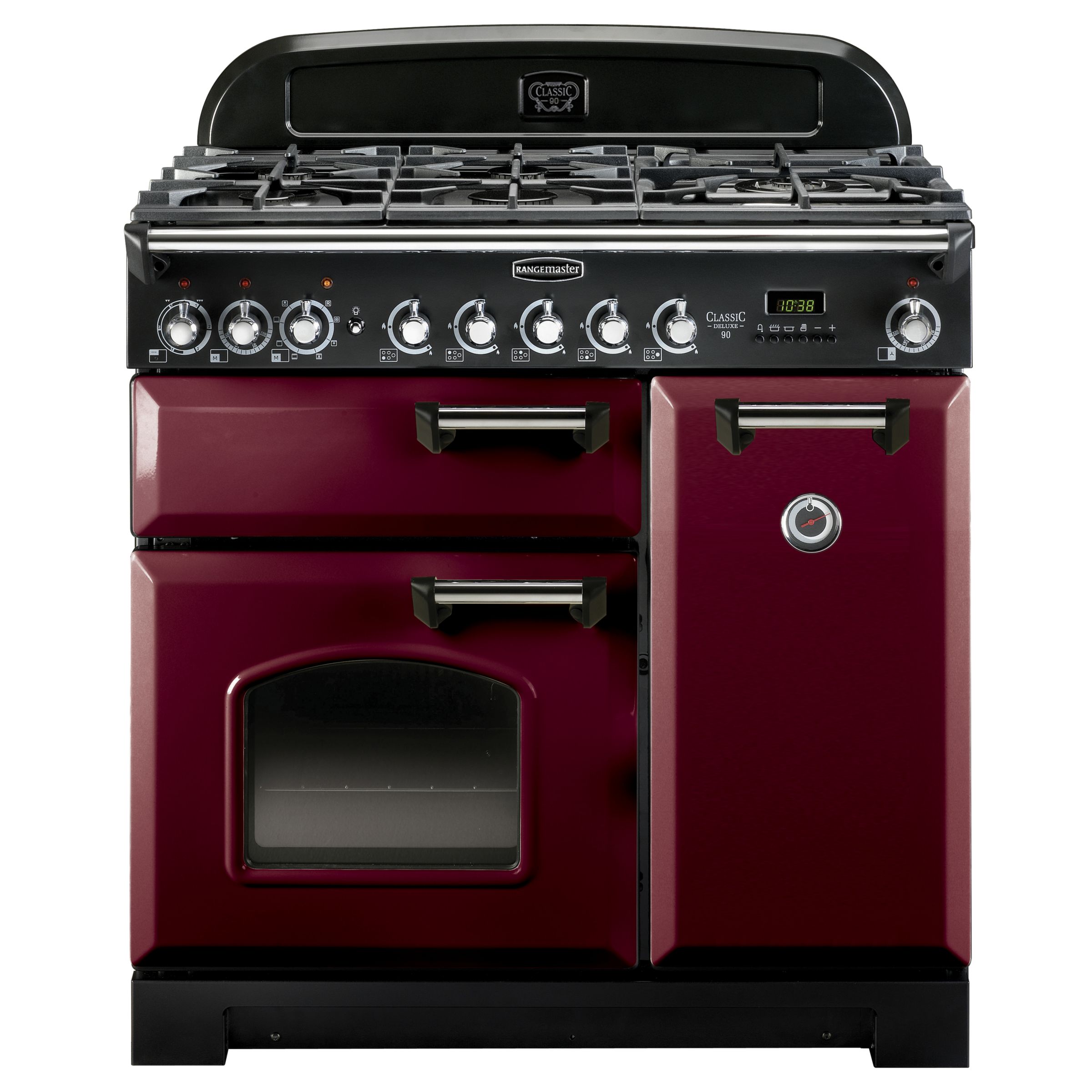 Rangemaster Classic Deluxe 90 Dual Fuel Range Cooker, Cranberry/Chrome Trim