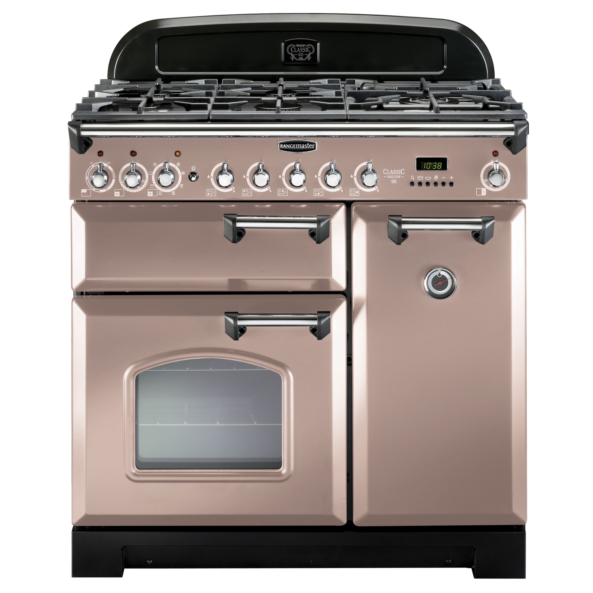 Rangemaster Classic Deluxe 90 Dual Fuel Range Cooker, Latte/Chrome Trim