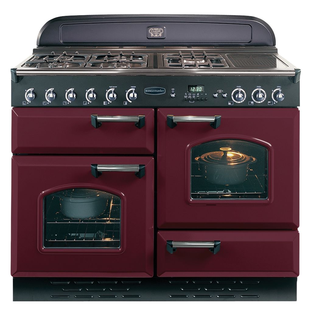 Rangemaster Classic 110 Dual Fuel Range Cooker, Cranberry/Chrome Trim at John Lewis