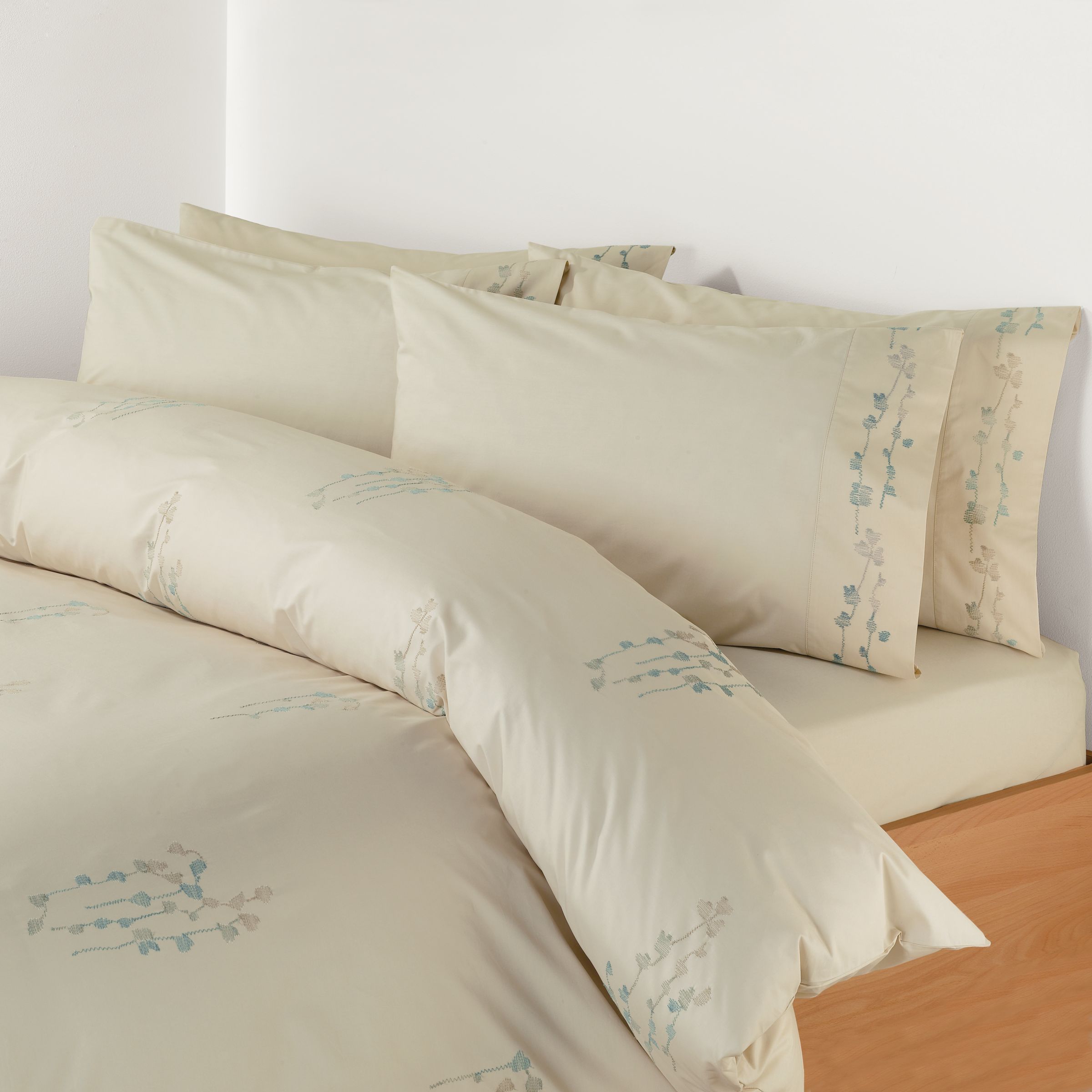 John Lewis Organic Embroidered Standard Pillowcase, Natural / Mint