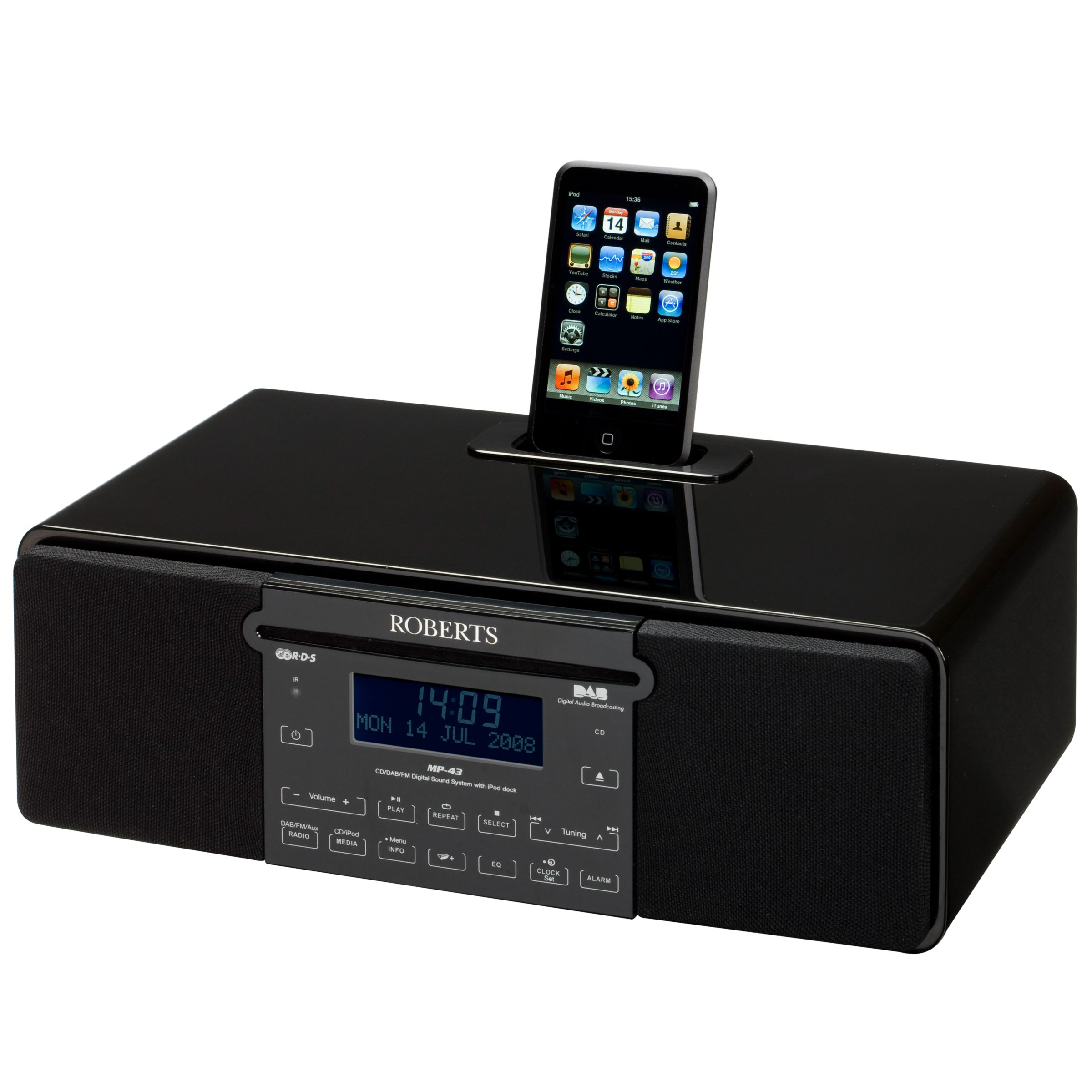 ROBERTS SOUND 43 DAB/CD iPod Dock Radio, Piano Black at JohnLewis