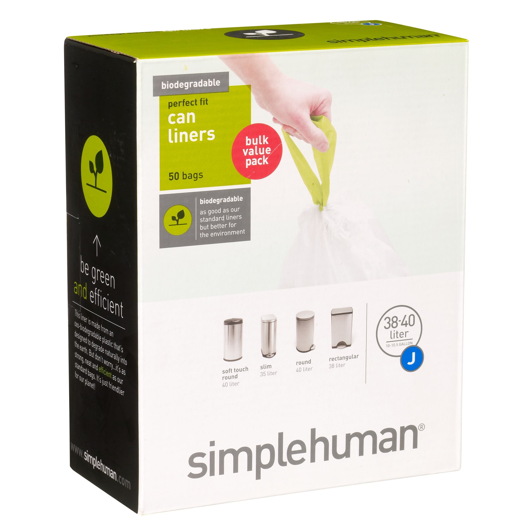 simplehuman Biodegradable Bin liners, Pack of 50, Size J, 38-40L