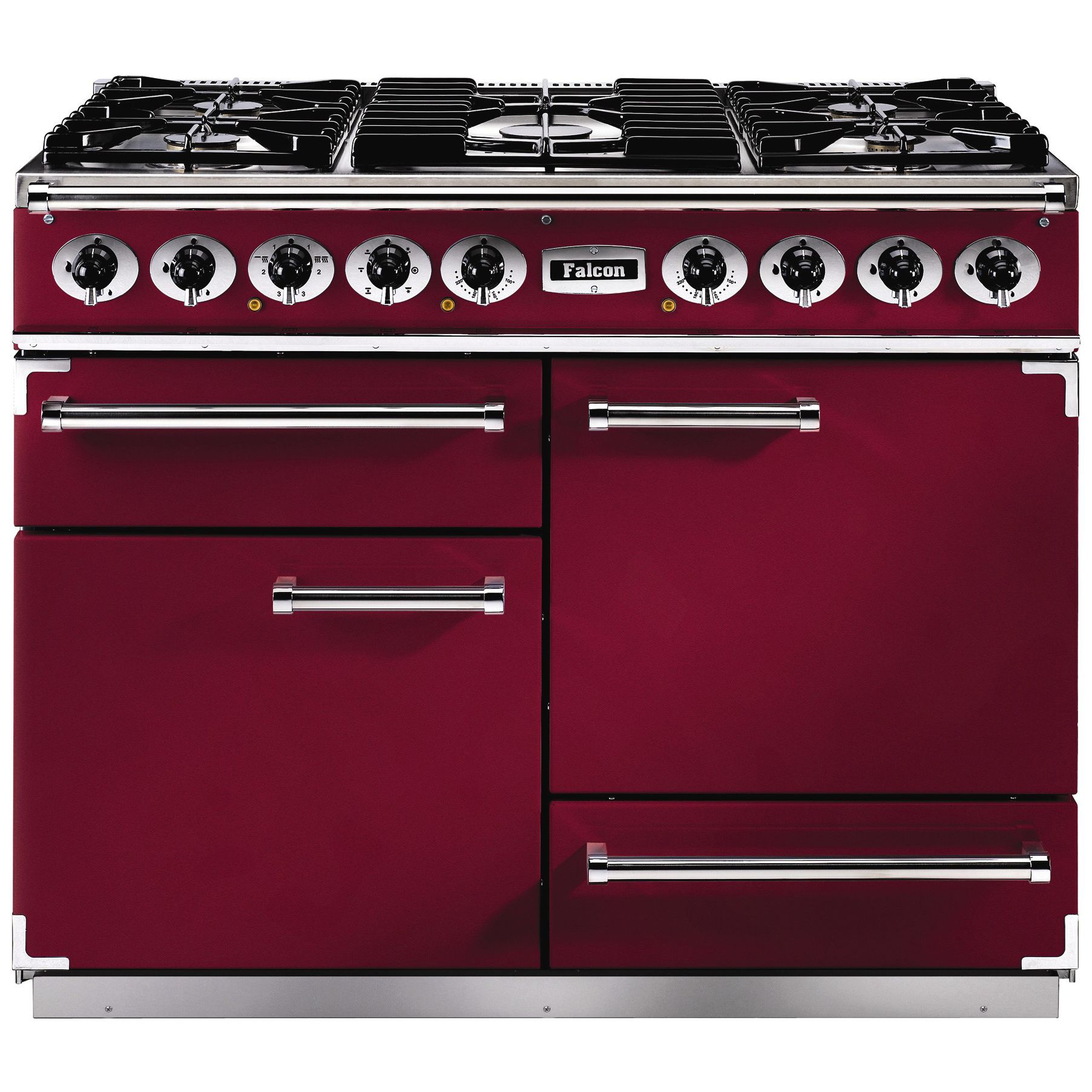 Falcon Deluxe 1092 Dual Fuel Range Cooker, Cranberry / Gloss Chrome at John Lewis