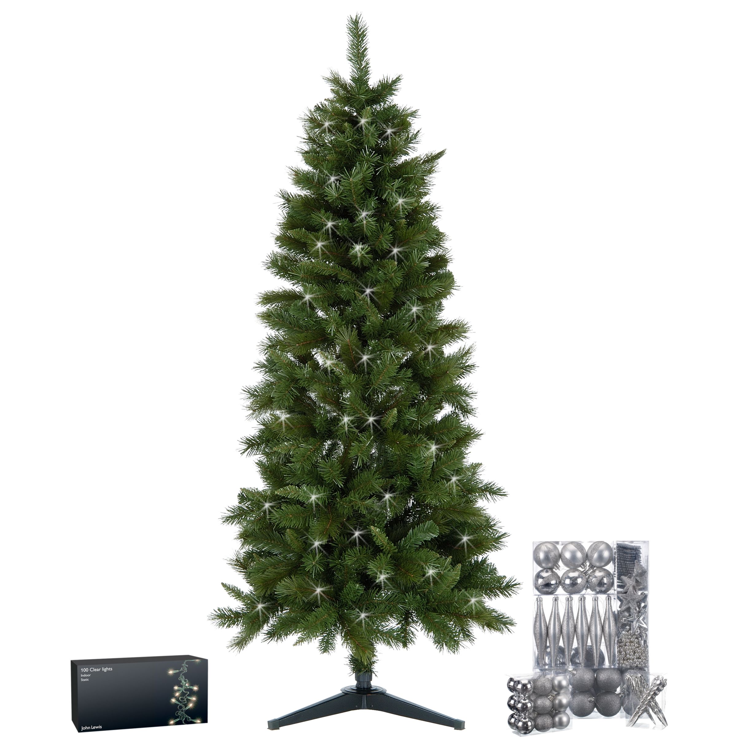 John Lewis 6ft Slim Pine Tree, Silver Decorations & Lights
