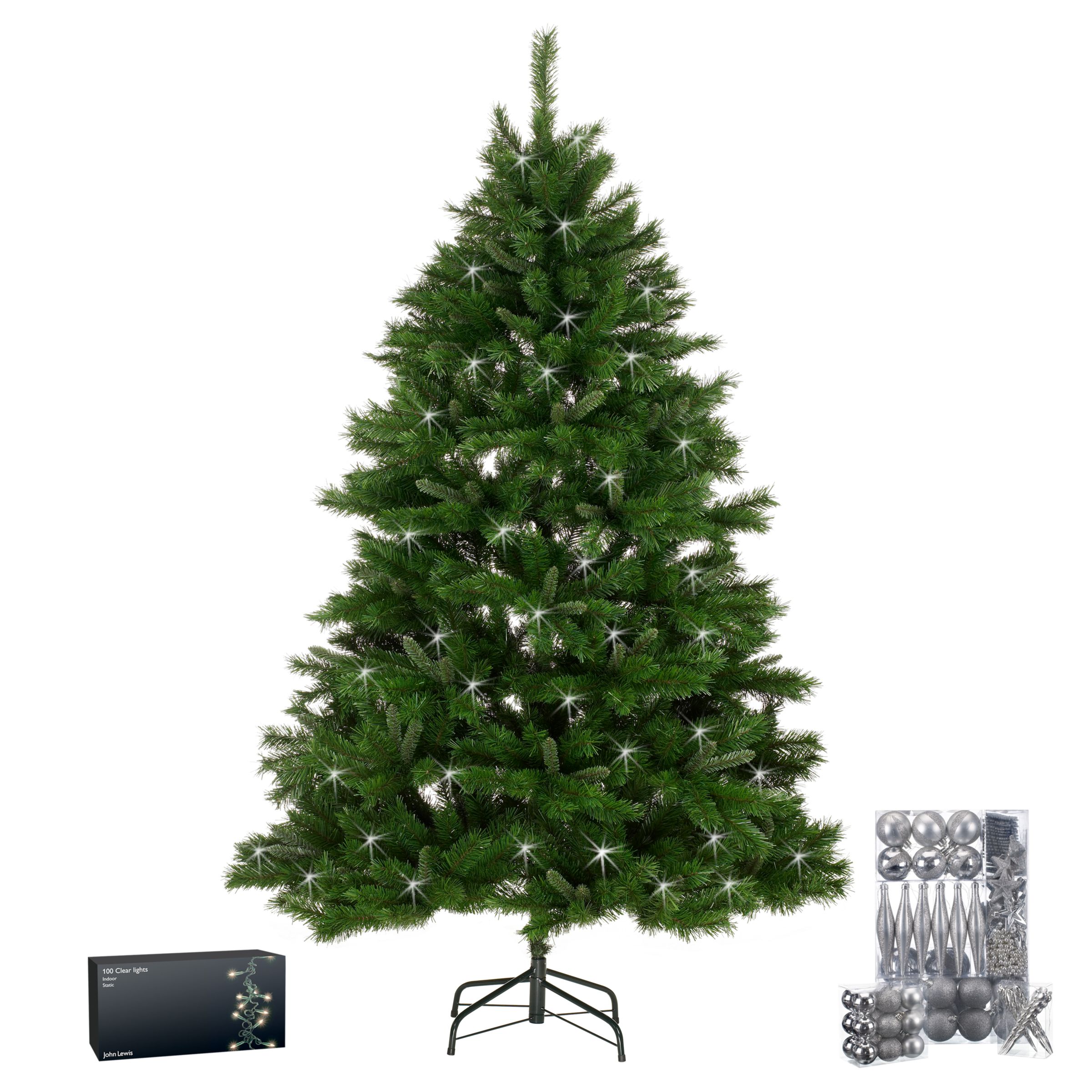 John Lewis 5' 6 Spruce Tree, Silver Decorations & Lights