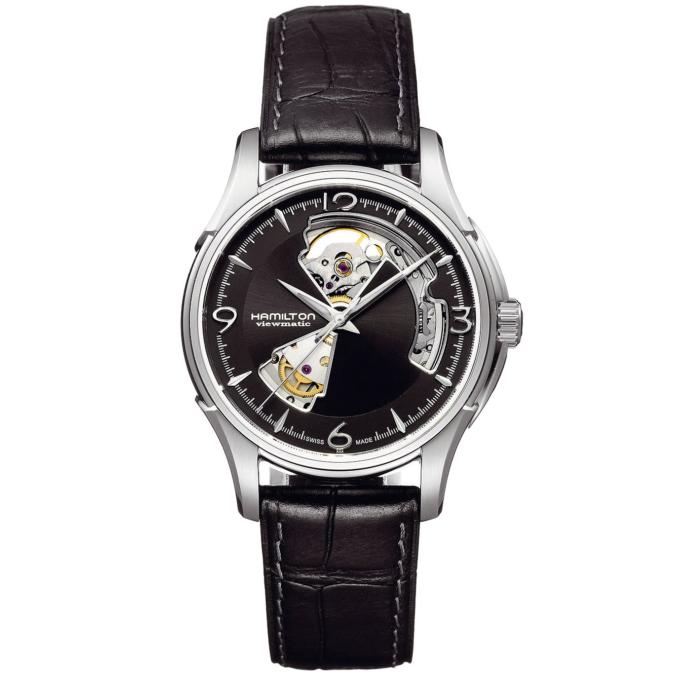 Hamilton H32565735 Men's Jazzmaster Open Heart Leather Strap Watch, Black at John Lewis