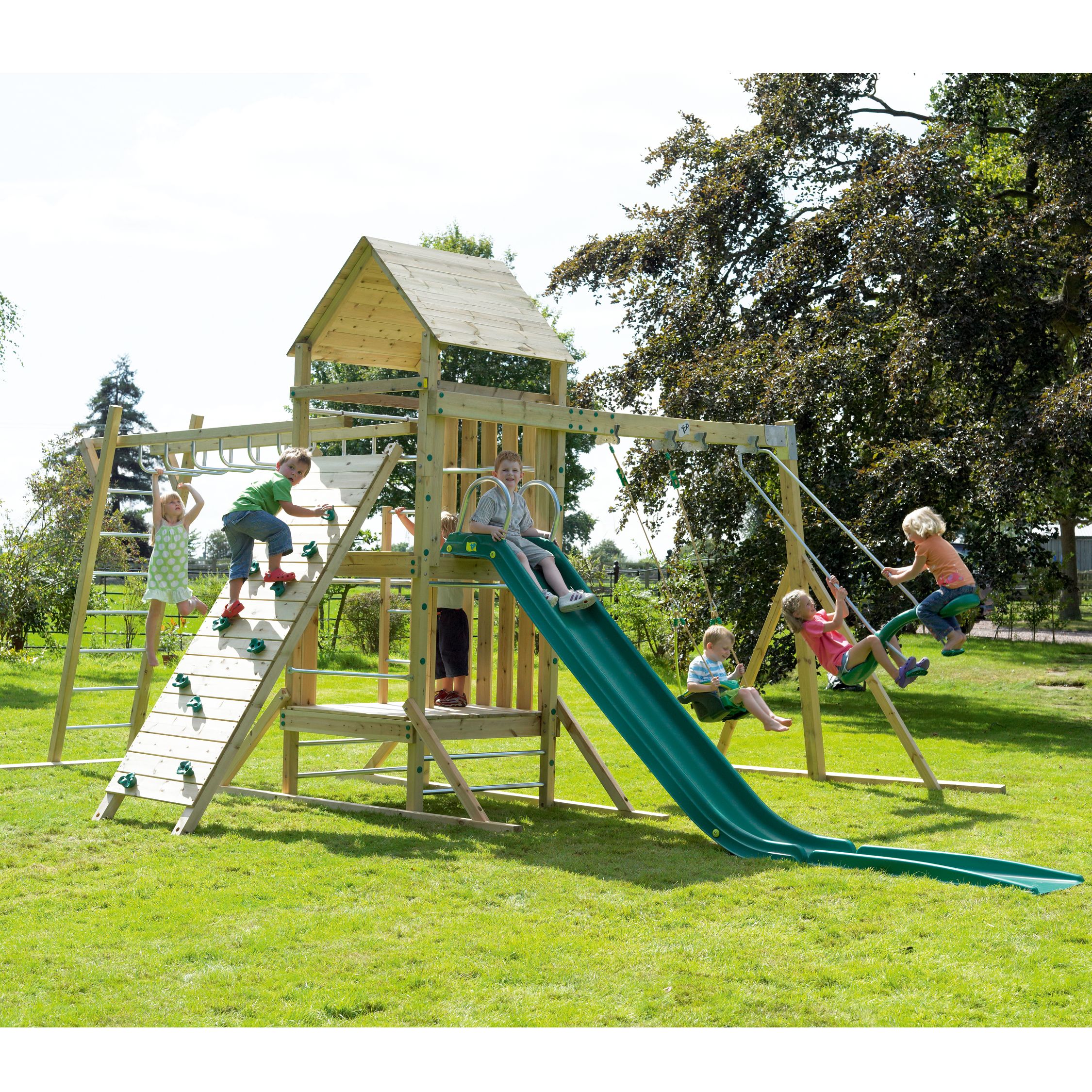 TP Kingswood Full Height Tower Swing Set with Climbing Bridge