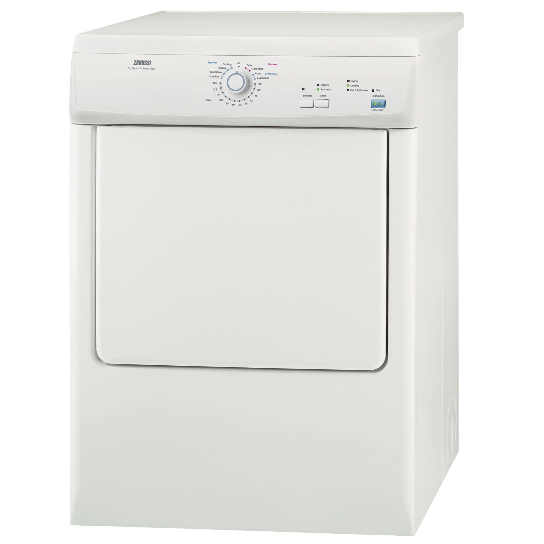 Zanussi ZDE47100W Vented Tumble Dryer, White at John Lewis