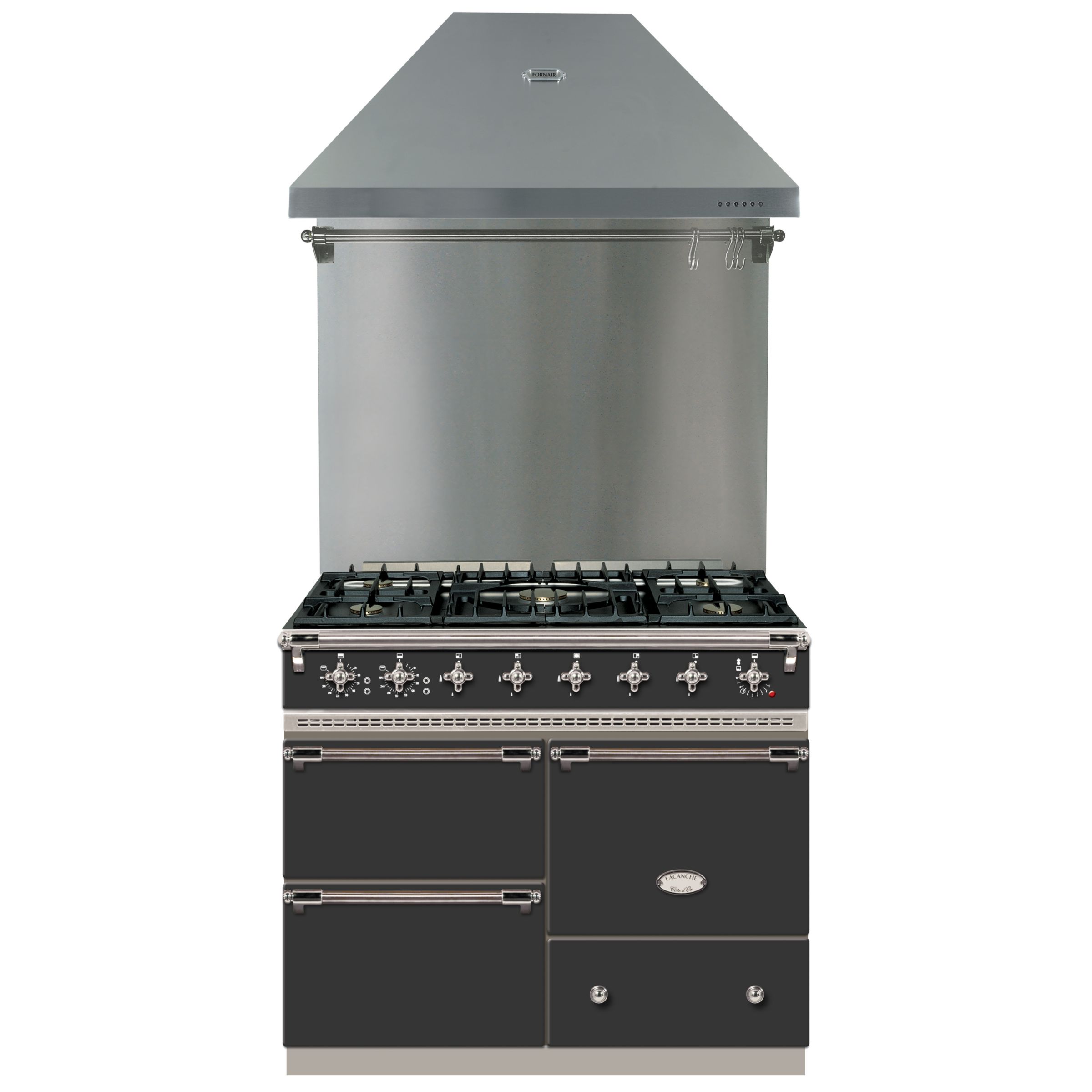 Lacanche Macon LG1053GECT Dual Fuel Cooker, Hood and Backsplash Package, Black / Chrome Trim at John Lewis