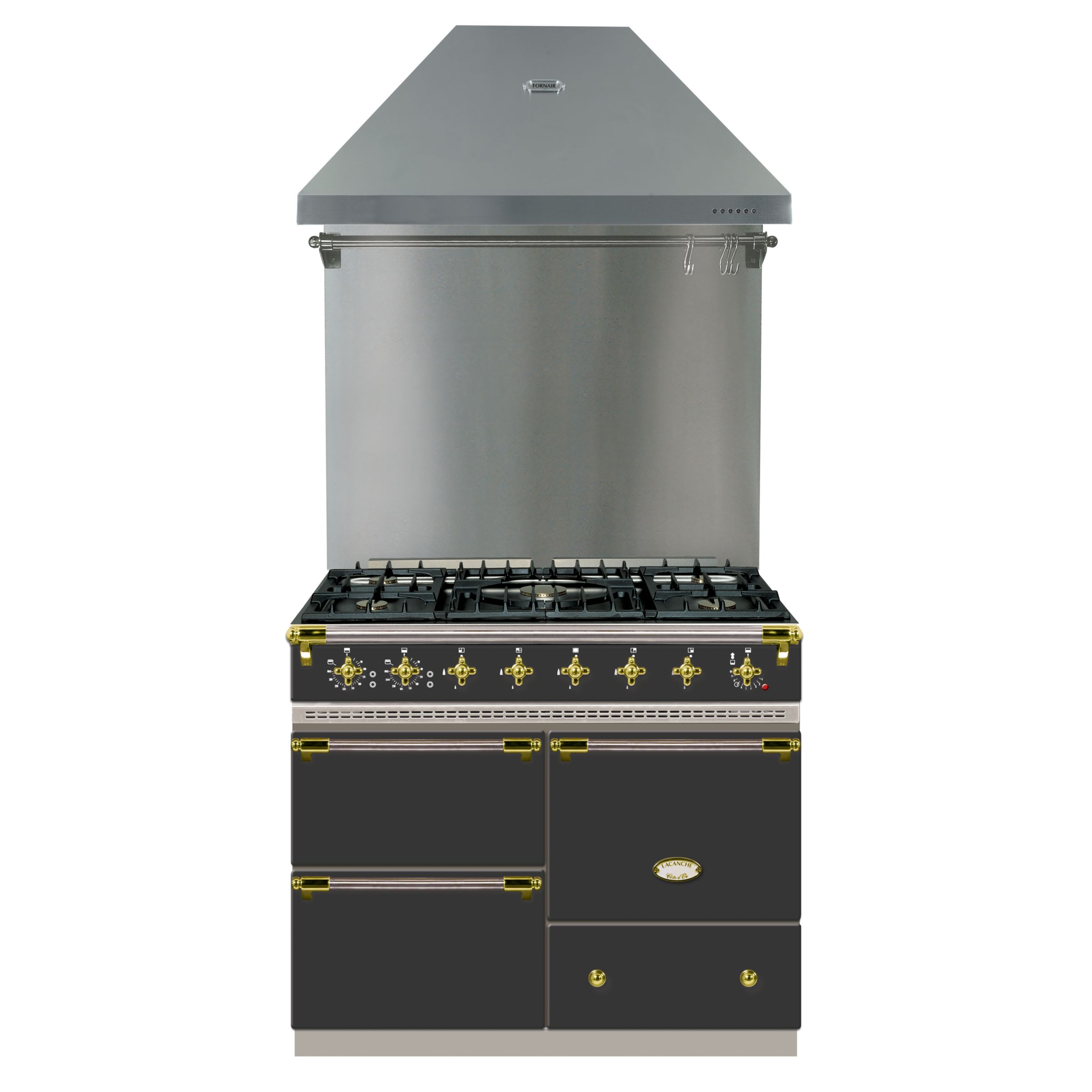 Lacanche Macon LG1053GECT Dual Fuel Cooker, Hood and Backsplash Package, Black / Brass Trim at John Lewis