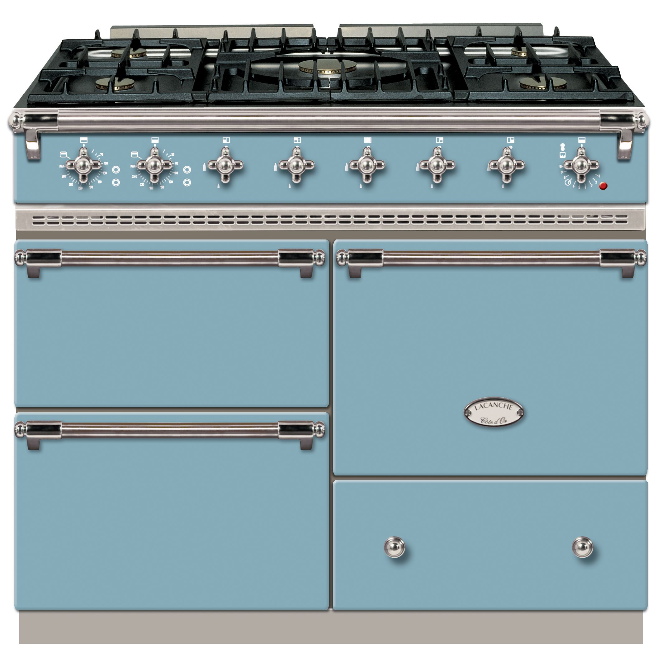 Lacanche Macon LG1053GECT Dual Fuel Cooker, Delft Blue / Chrome Trim at John Lewis