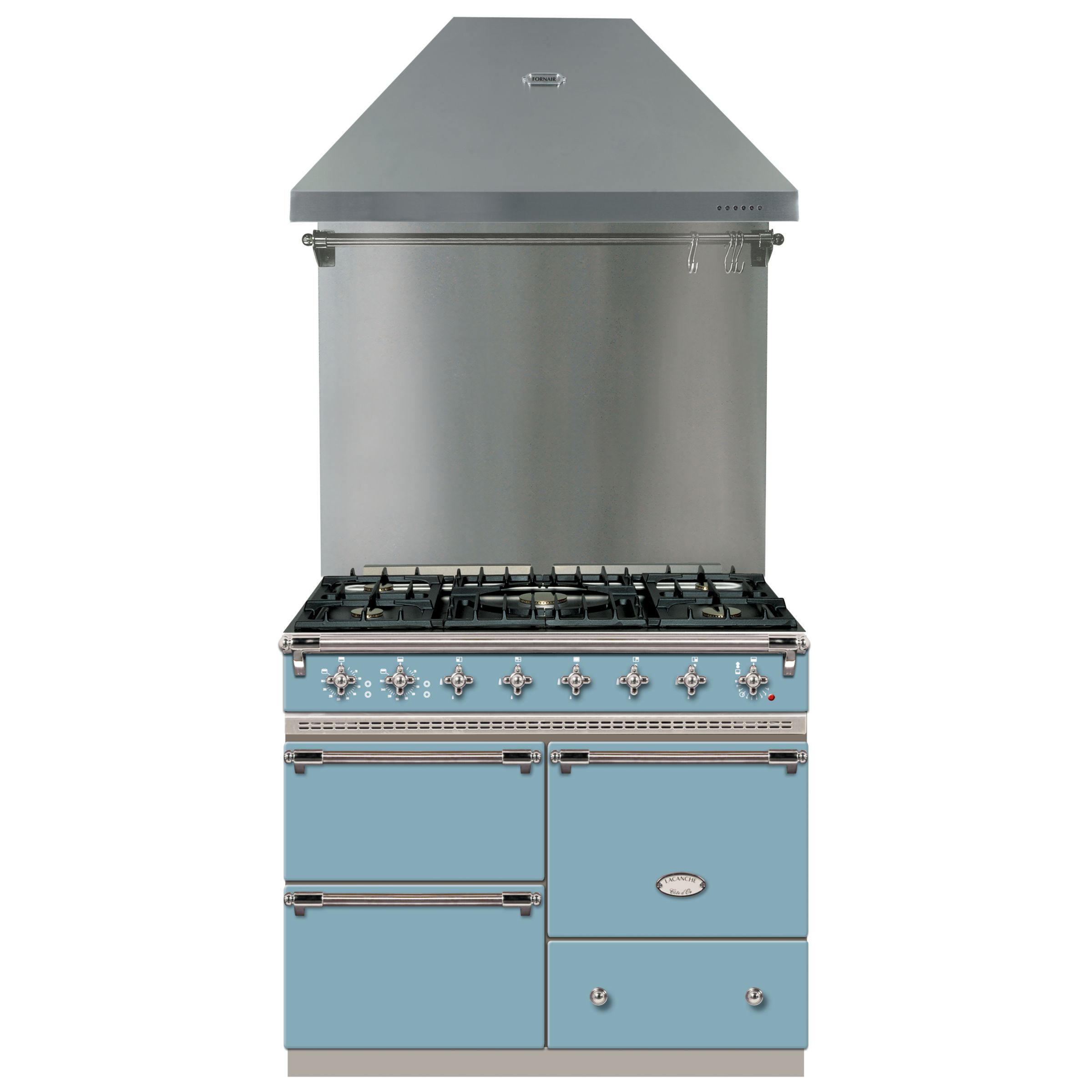 Lacanche Macon LG1053GECT Dual Fuel Cooker, Hood and Backsplash, Delft Blue / Chrome Trim at John Lewis