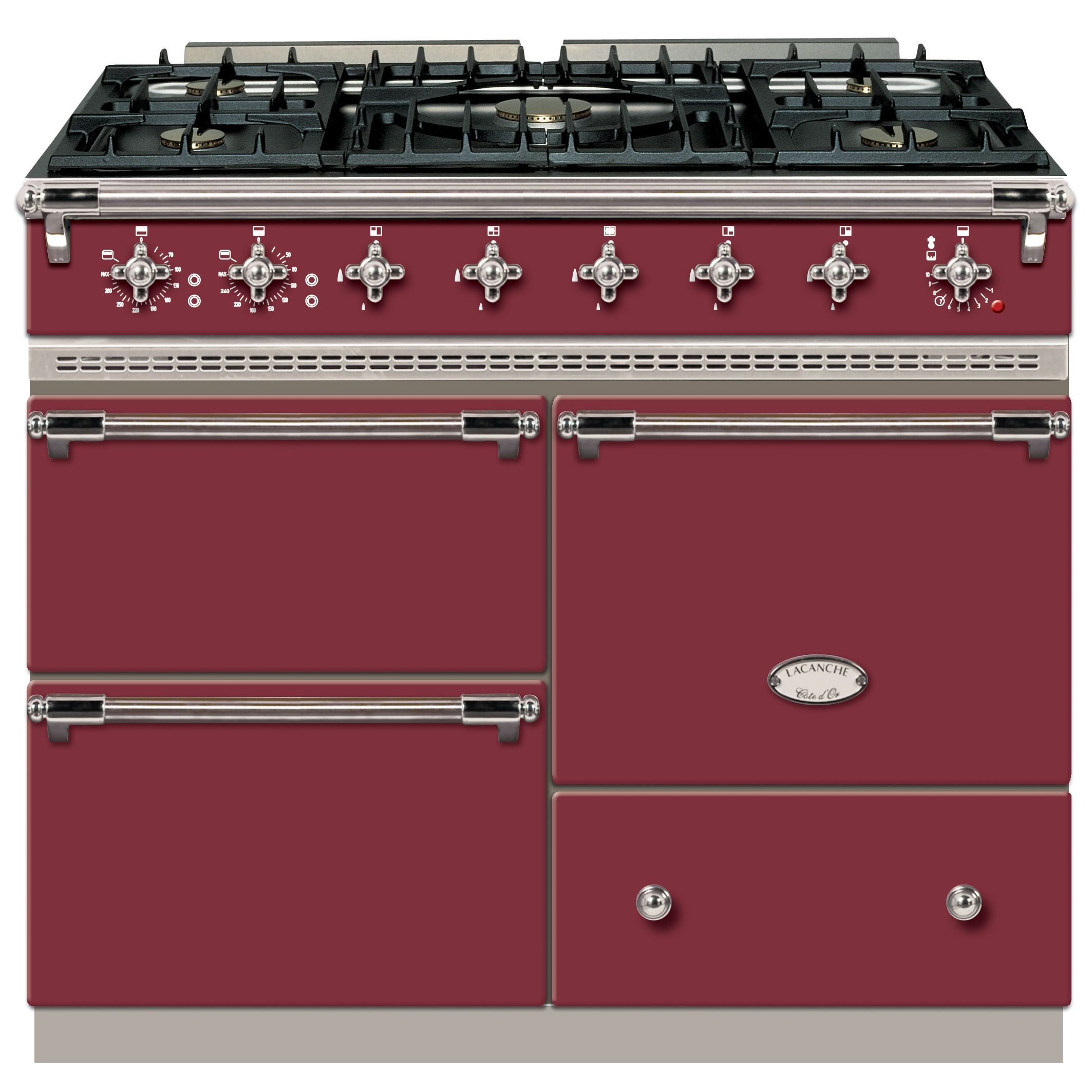 Lacanche Macon LG1053GECT Dual Fuel Cooker, Burgundy Red / Chrome Trim at John Lewis