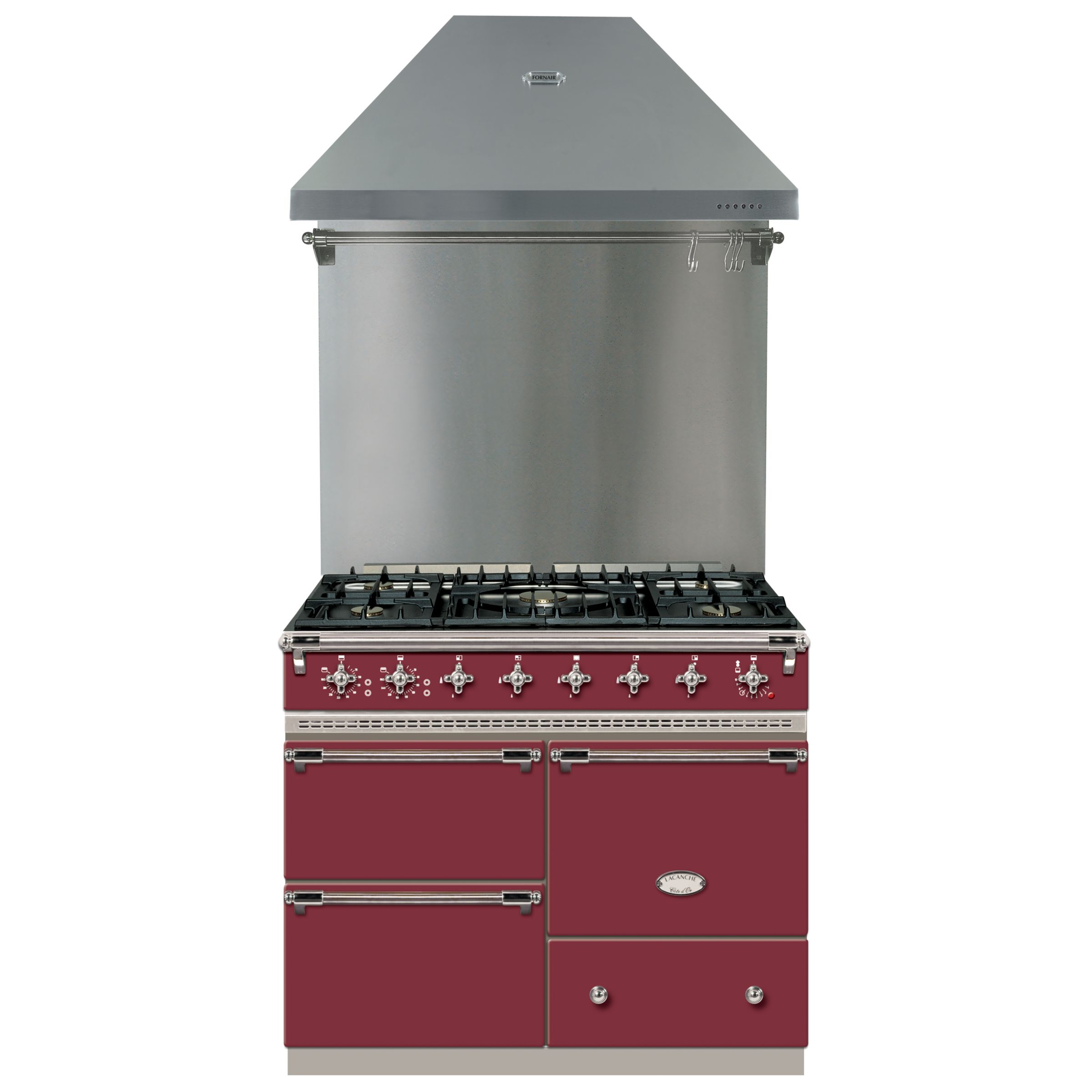 Lacanche Macon LG1053GECT Dual Fuel Cooker, Hood and Backsplash, Burgundy Red / Chrome Trim at John Lewis