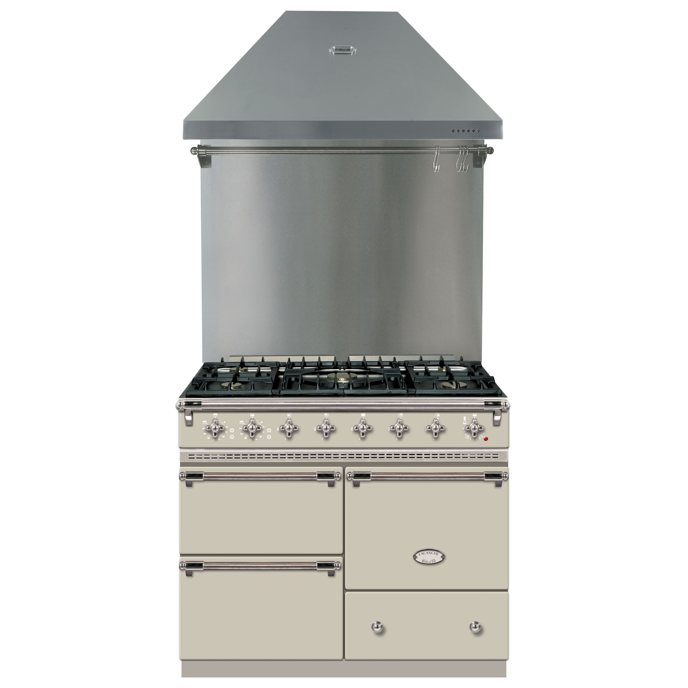 Lacanche Macon LG1053GECT Dual Fuel Cooker, Hood and Backsplash, Ivory / Chrome Trim at John Lewis