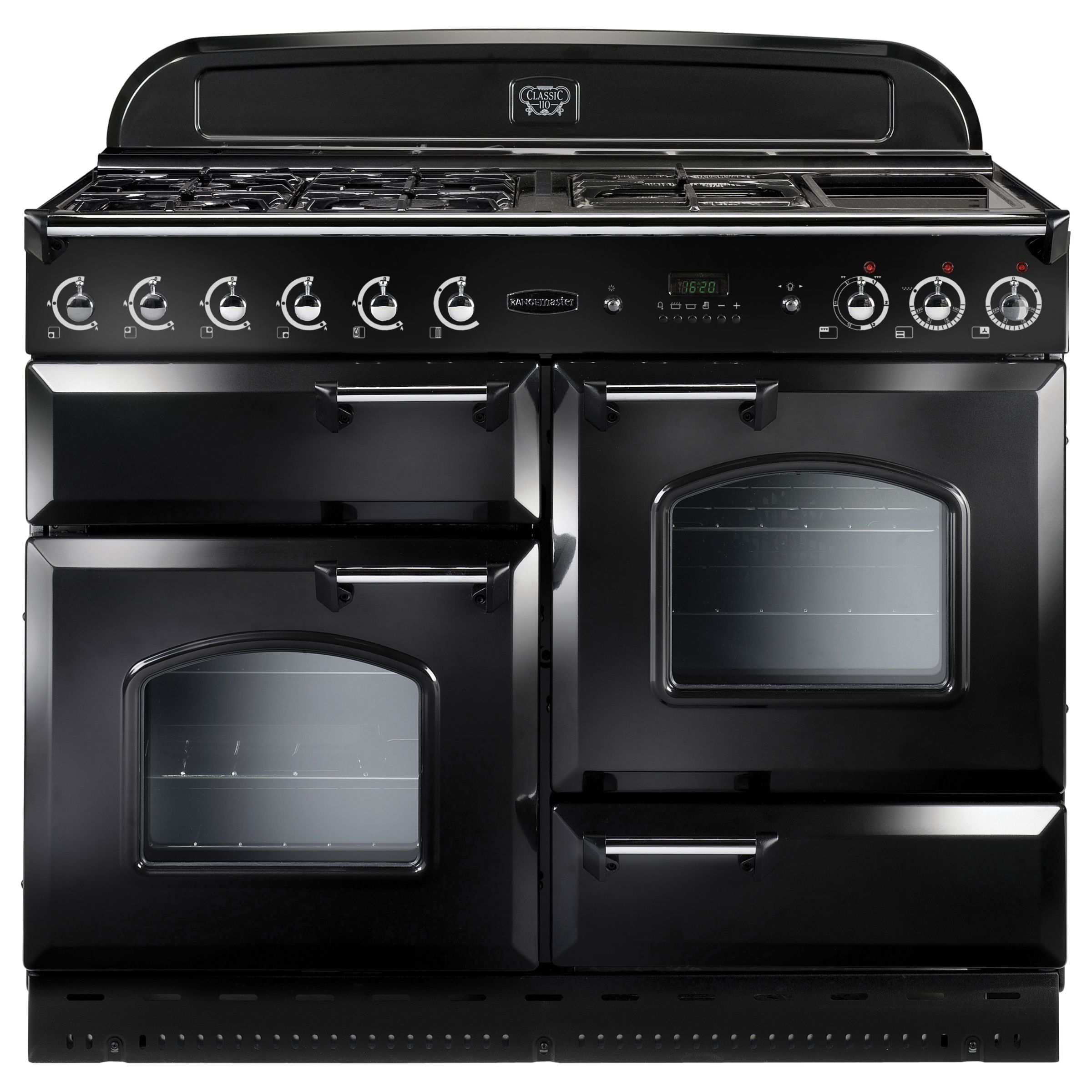 Rangemaster Classic 110 Dual Fuel Range Cooker, Black/Chrome Trim at JohnLewis