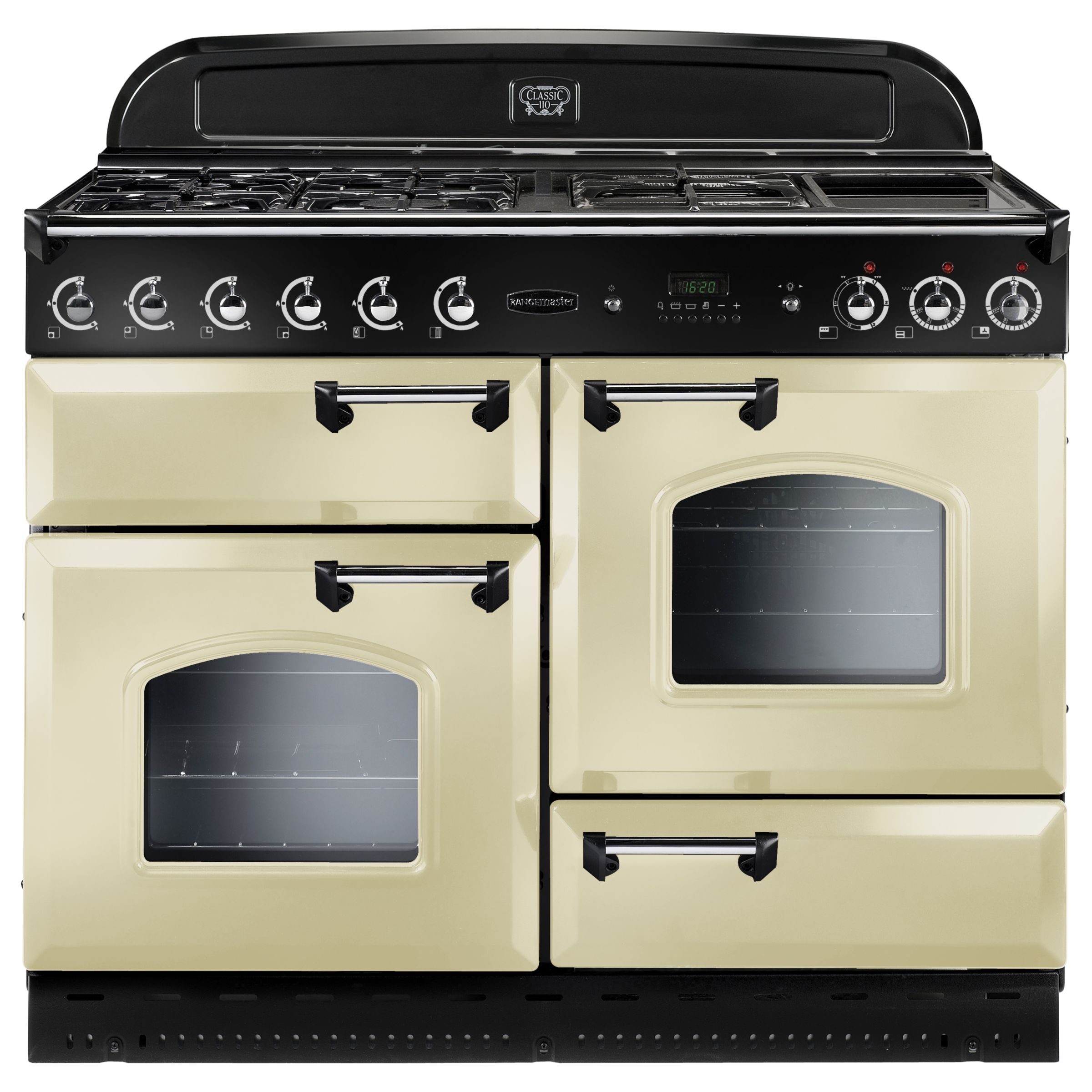 Rangemaster Classic 110 Dual Fuel Range Cooker, Cream/Chrome Trim at JohnLewis