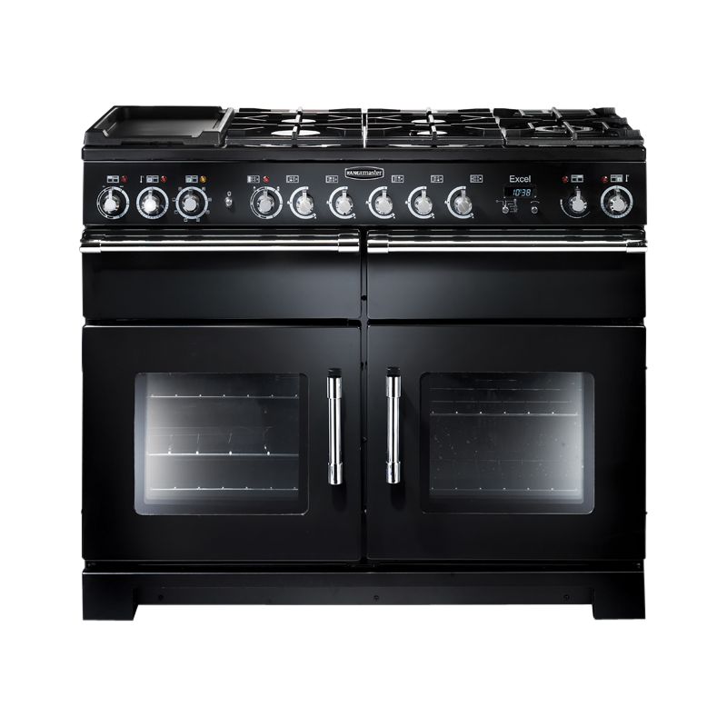 Rangemaster Excel 110 Dual Fuel Range Cooker, Black/Chrome Trim at John Lewis