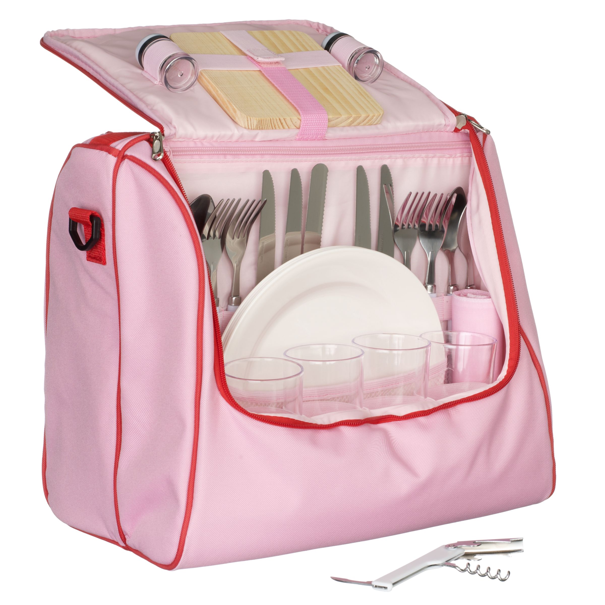 John Lewis 4 Person Picnic Cooler Bag Set, Red/ Pink