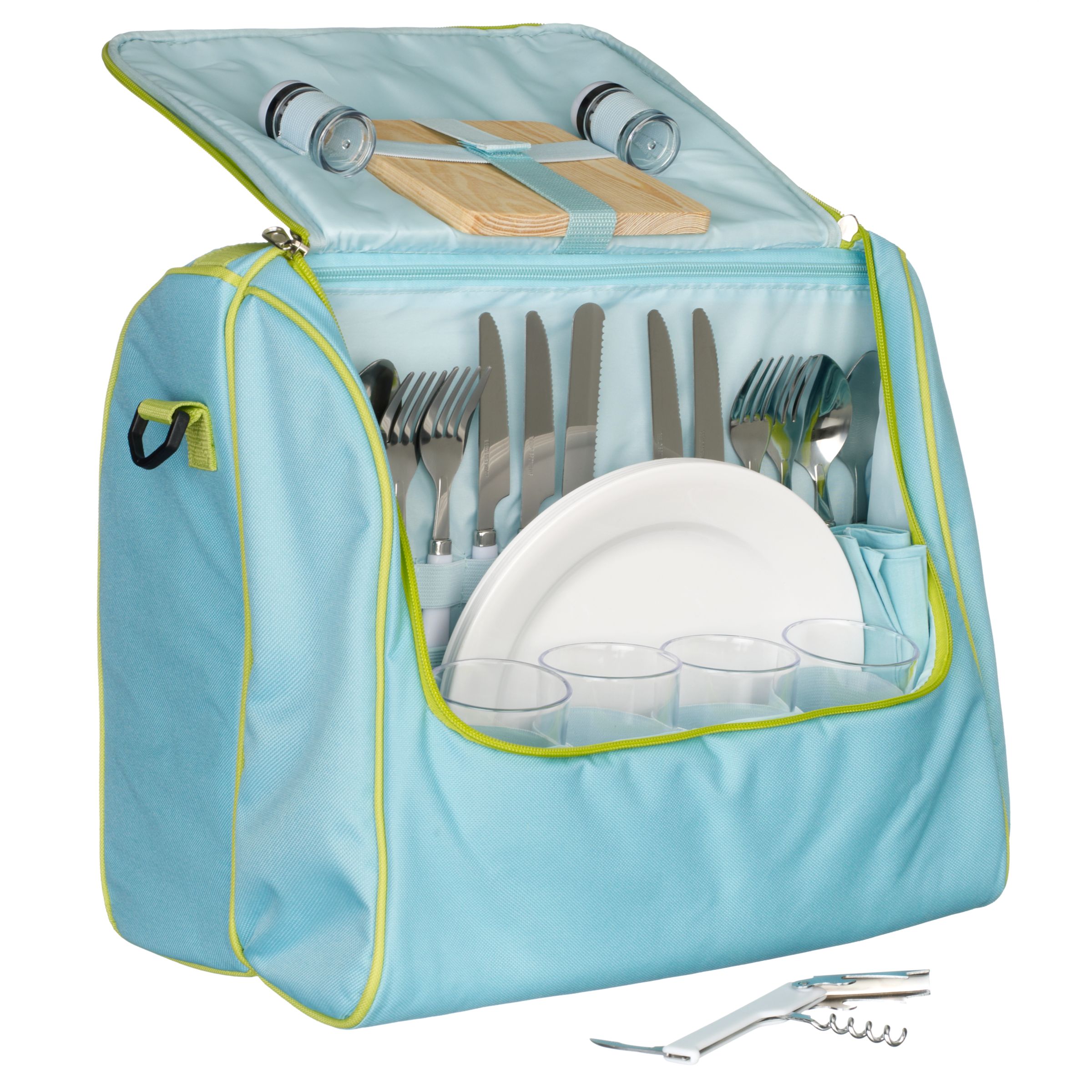 John Lewis 4 Person Picnic Cooler Bag Set, Blue/ Green