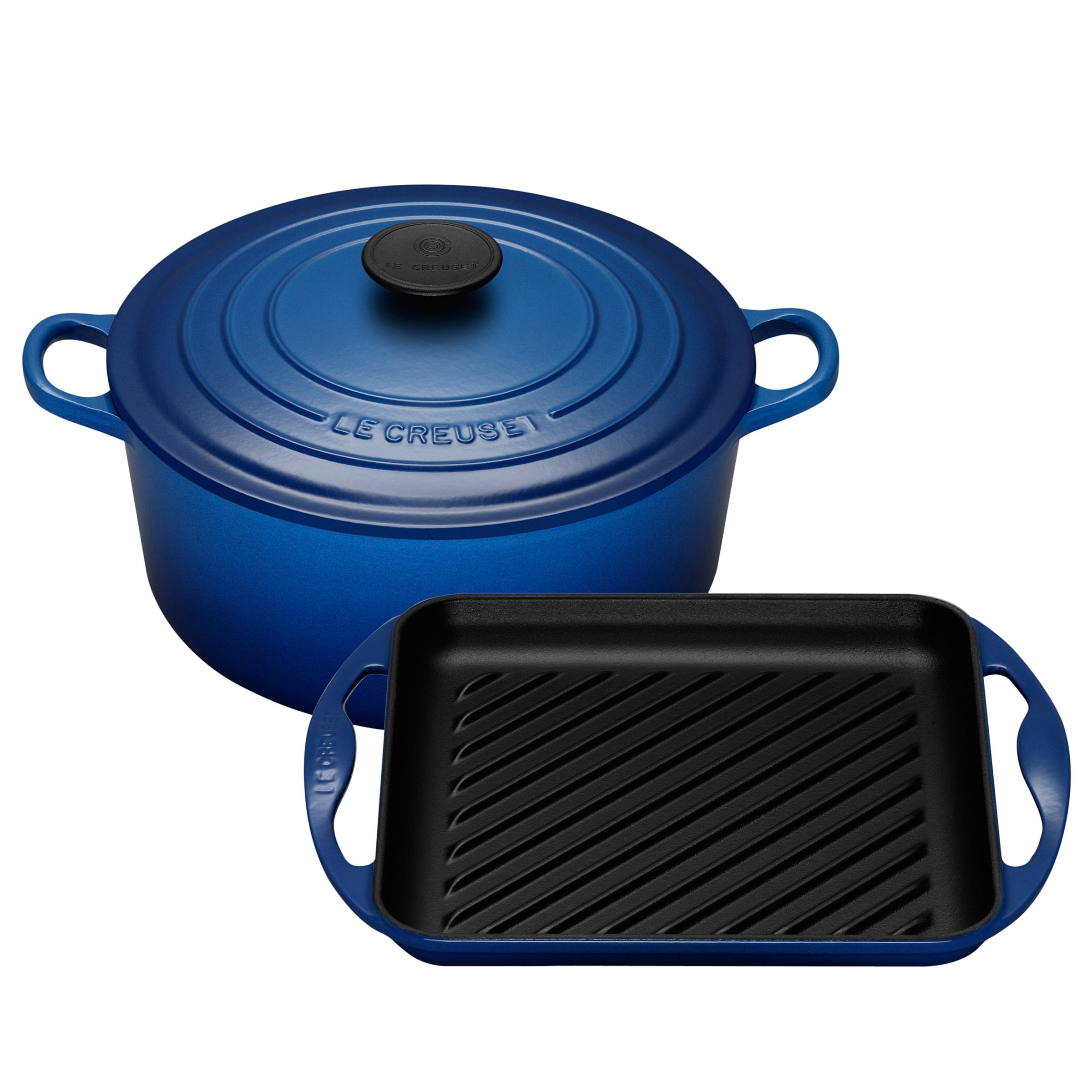 Le Creuset Round Casserole Blue 24cm with FREE Grill Pan