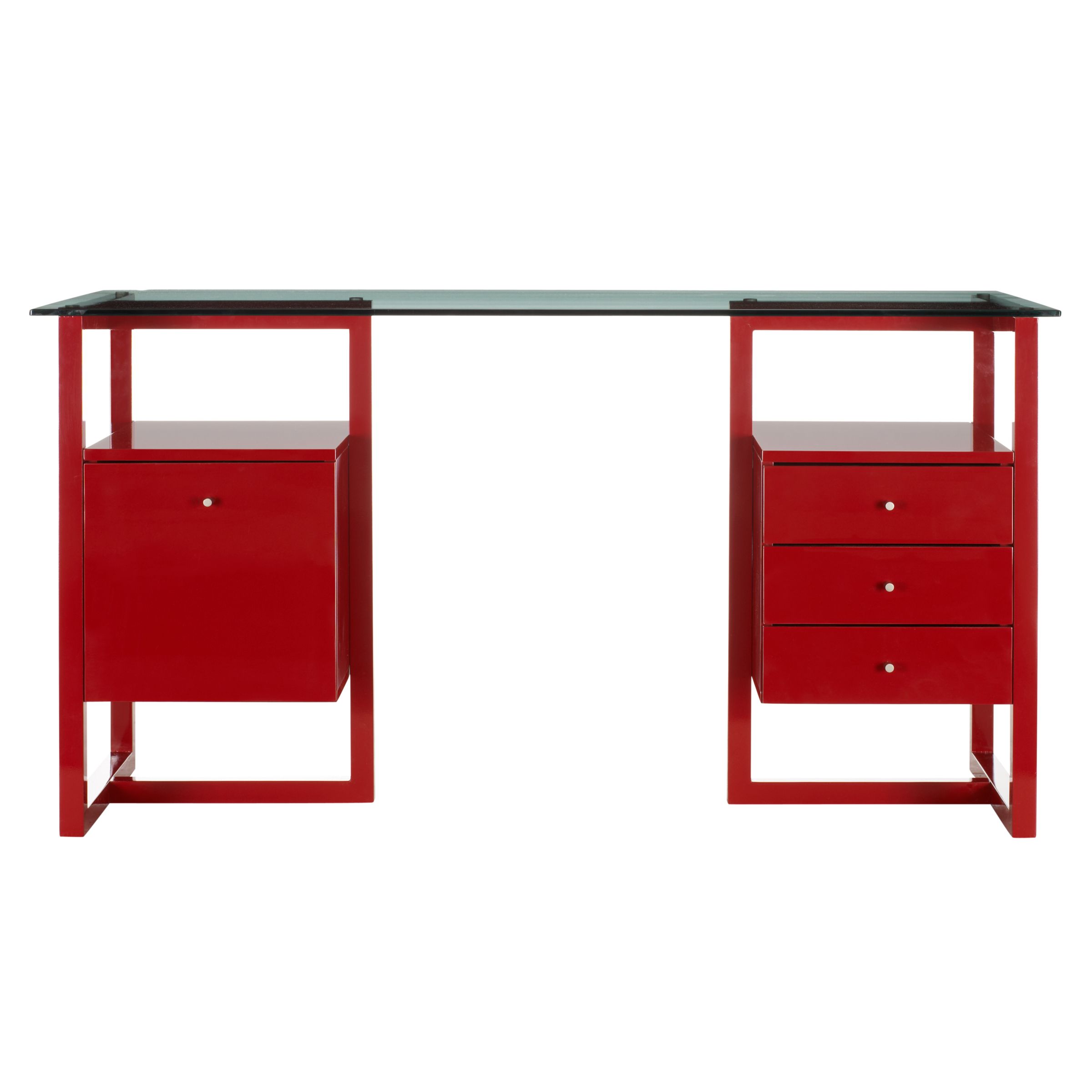 John Lewis Staten Small Desk with Trestle, Drawer and Filing Cabinet, Red with Clear Glass Top at John Lewis