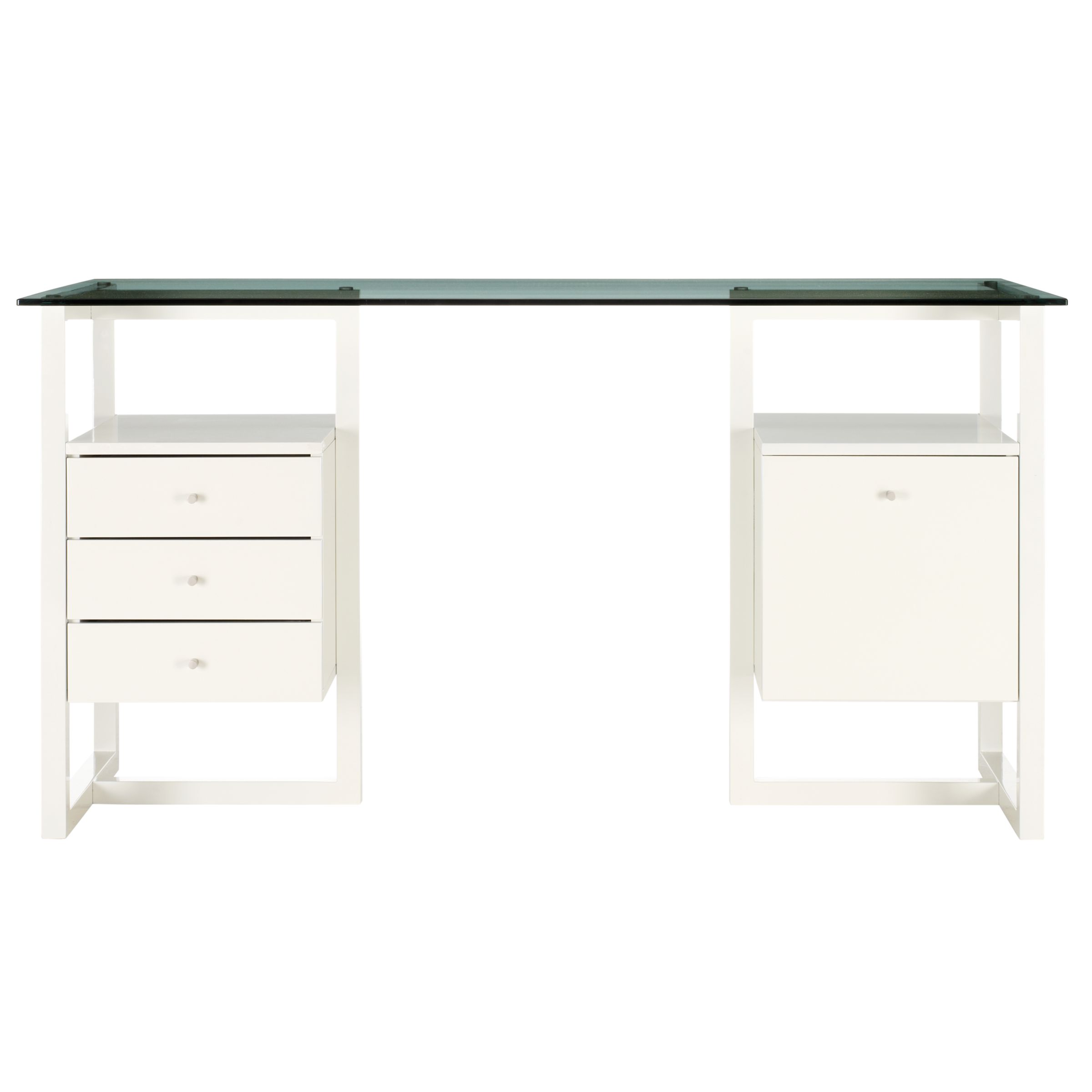 John Lewis Staten Small Desk with Trestle, Drawer and Filing Cabinet, White with Clear Glass Top at John Lewis