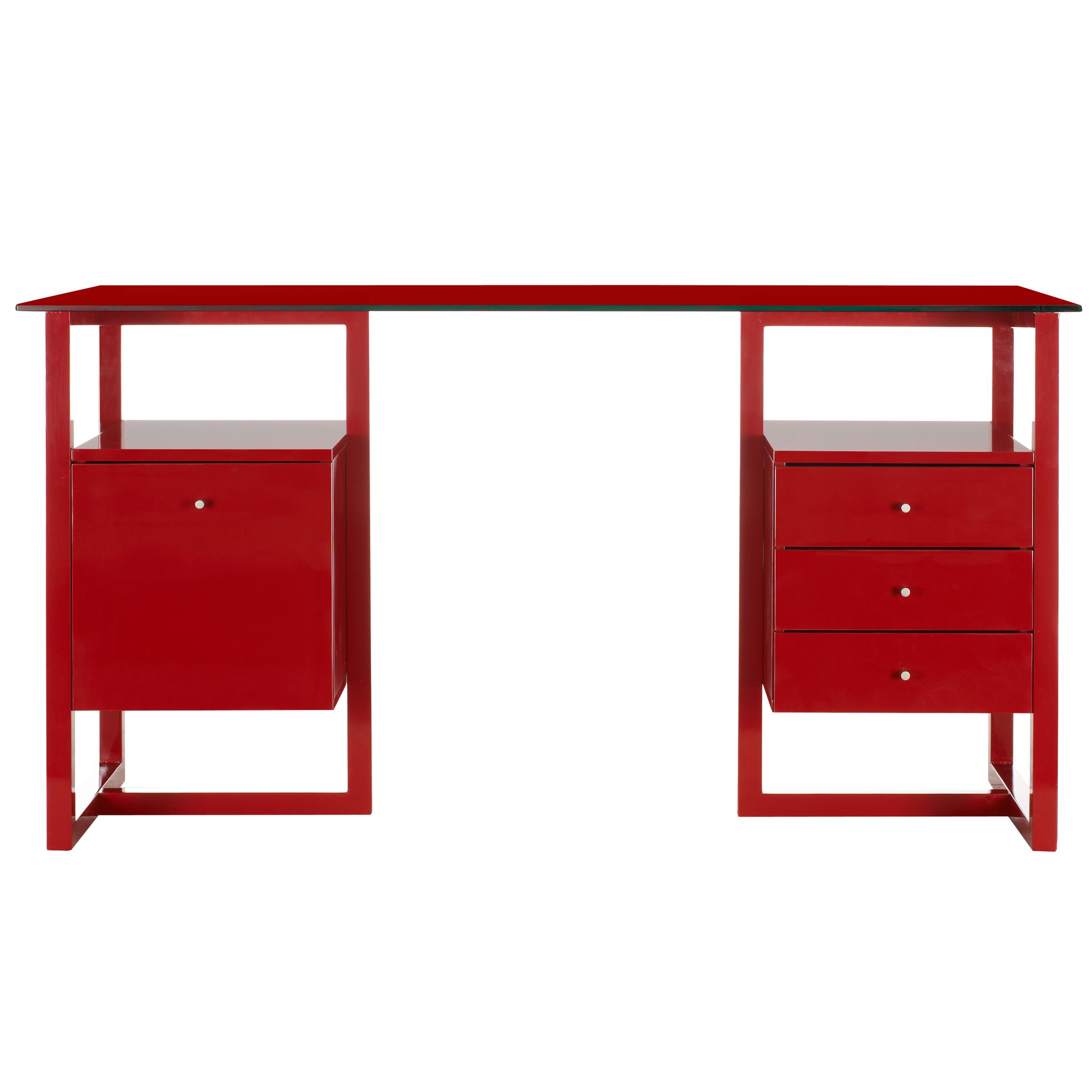 John Lewis Staten Desk with Trestle, Drawer and Filing Cabinet, Red with Red Glass Top at John Lewis