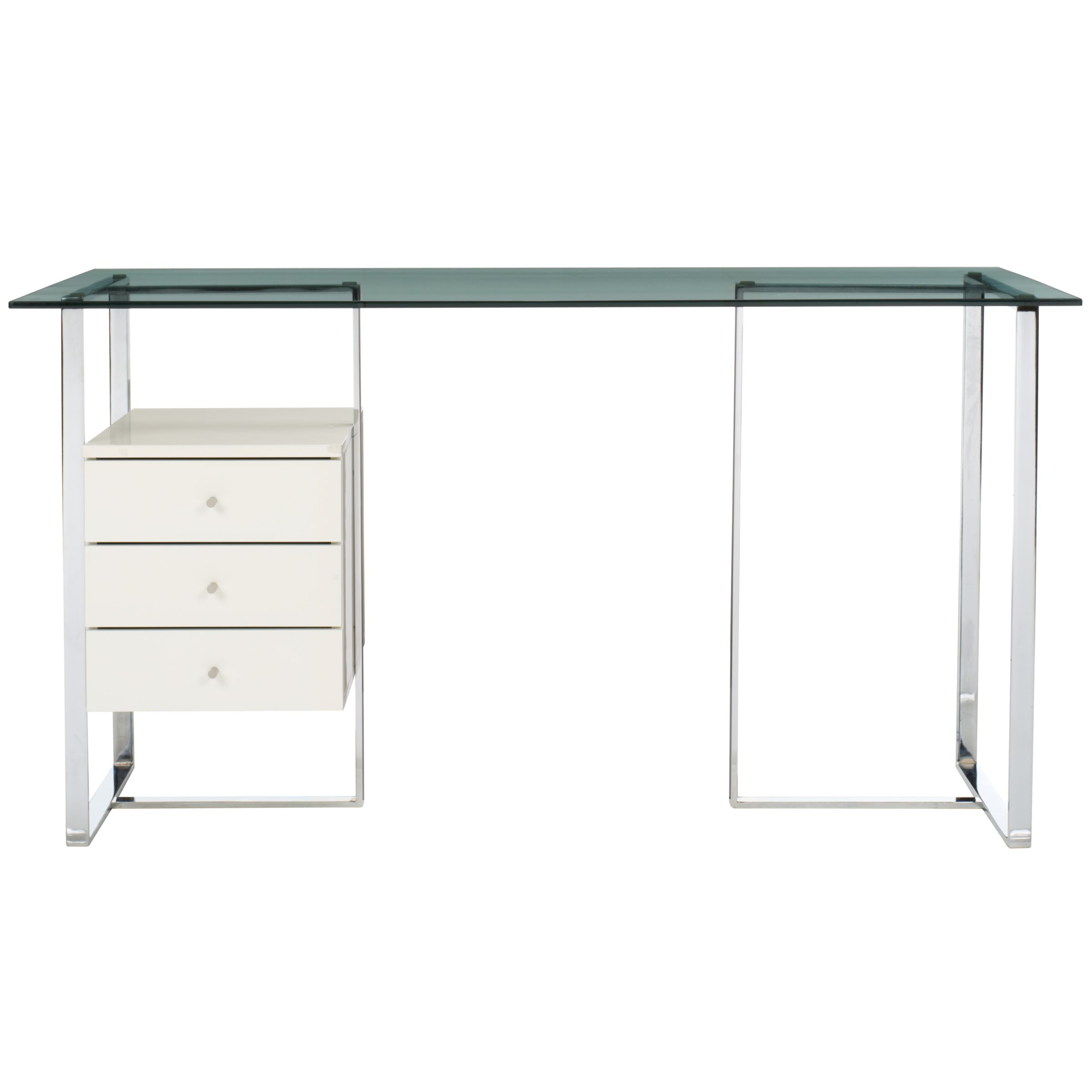 John Lewis Staten 140 Clear Glass Top Desk with Steel Trestle and White Drawers, width 42cm