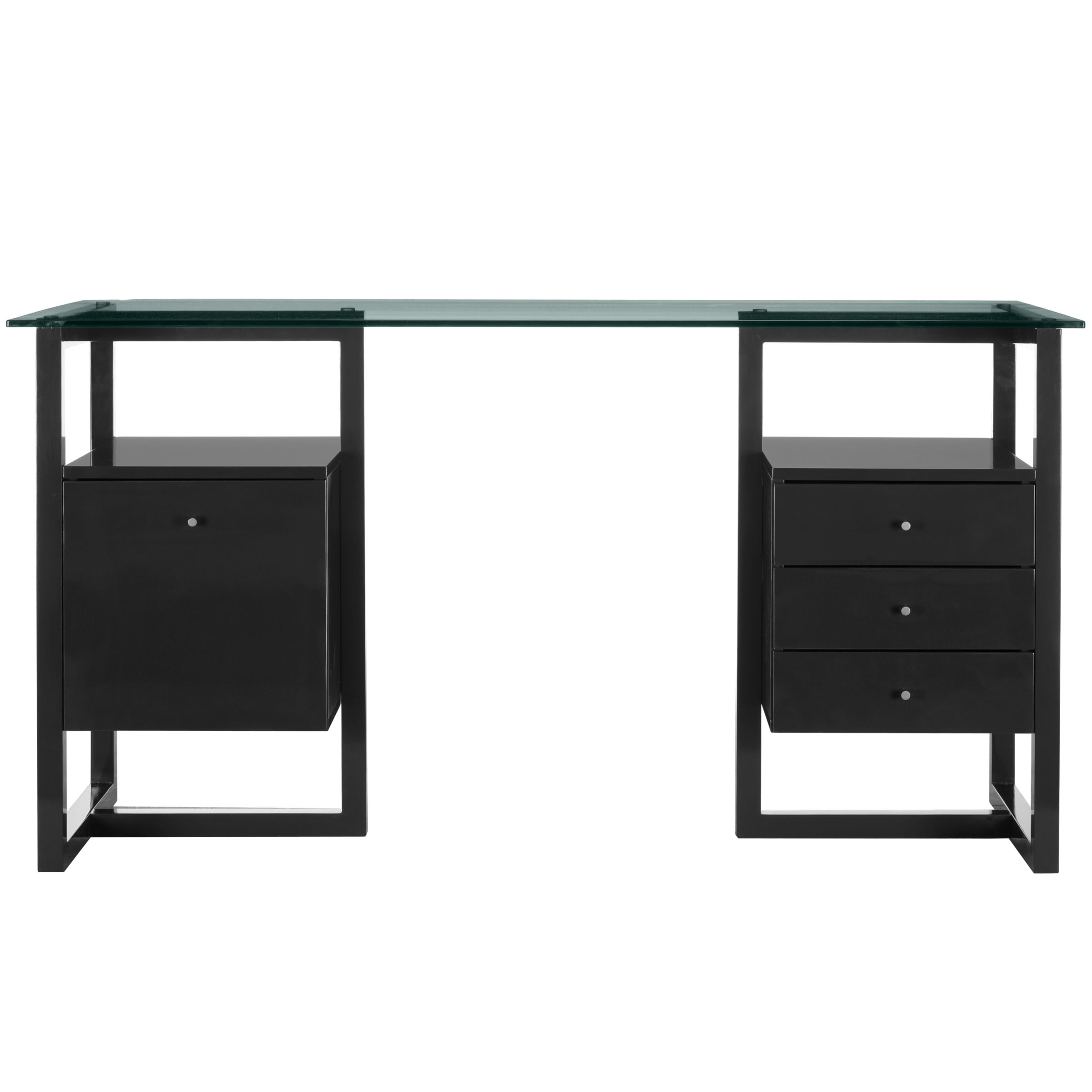 John Lewis Staten Small Desk with Trestle, Drawer and Filing Cabinet, Black with Clear Glass Top at John Lewis