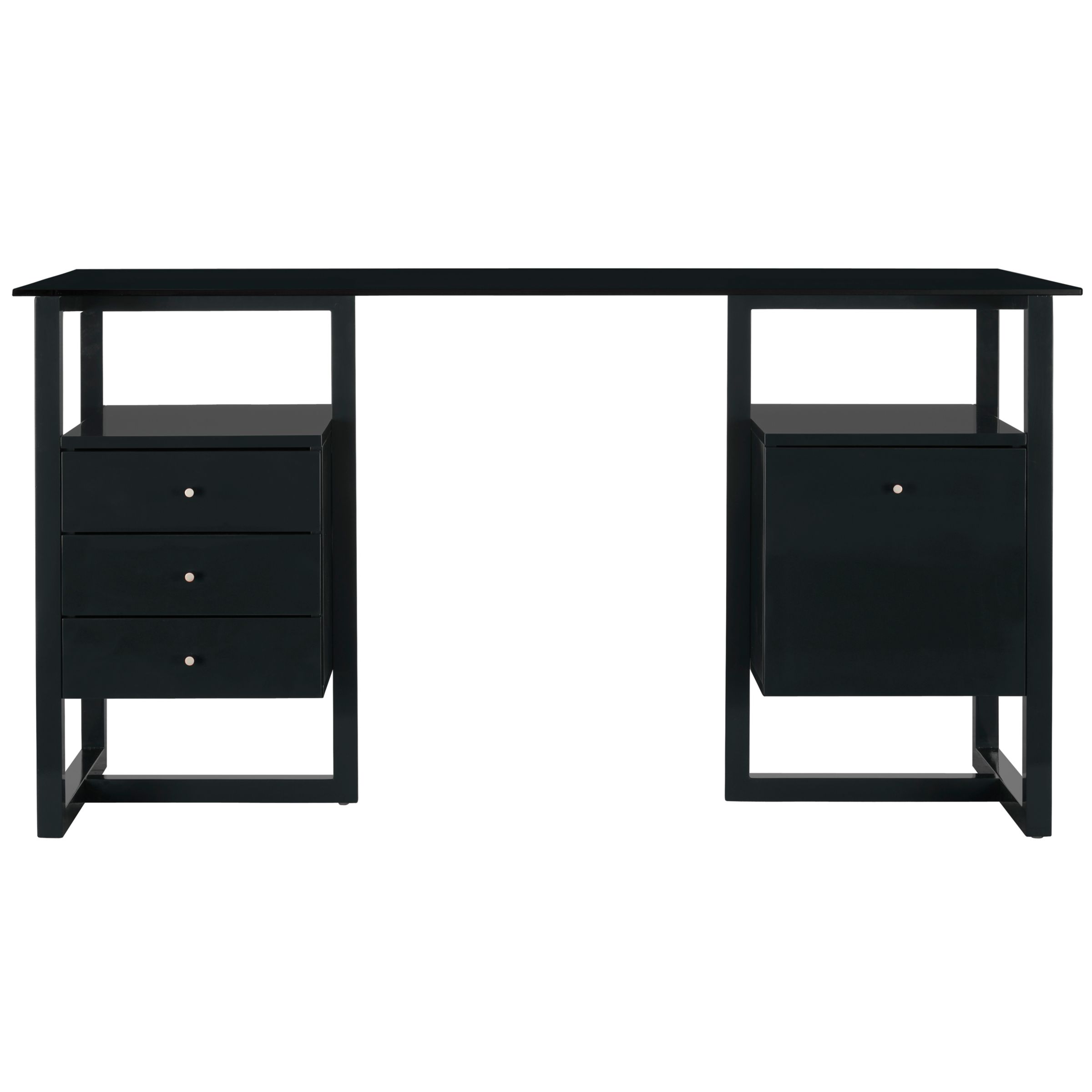 John Lewis Staten Desk with Trestle, Drawer and Filing Cabinet, Black with Black Glass Top at John Lewis