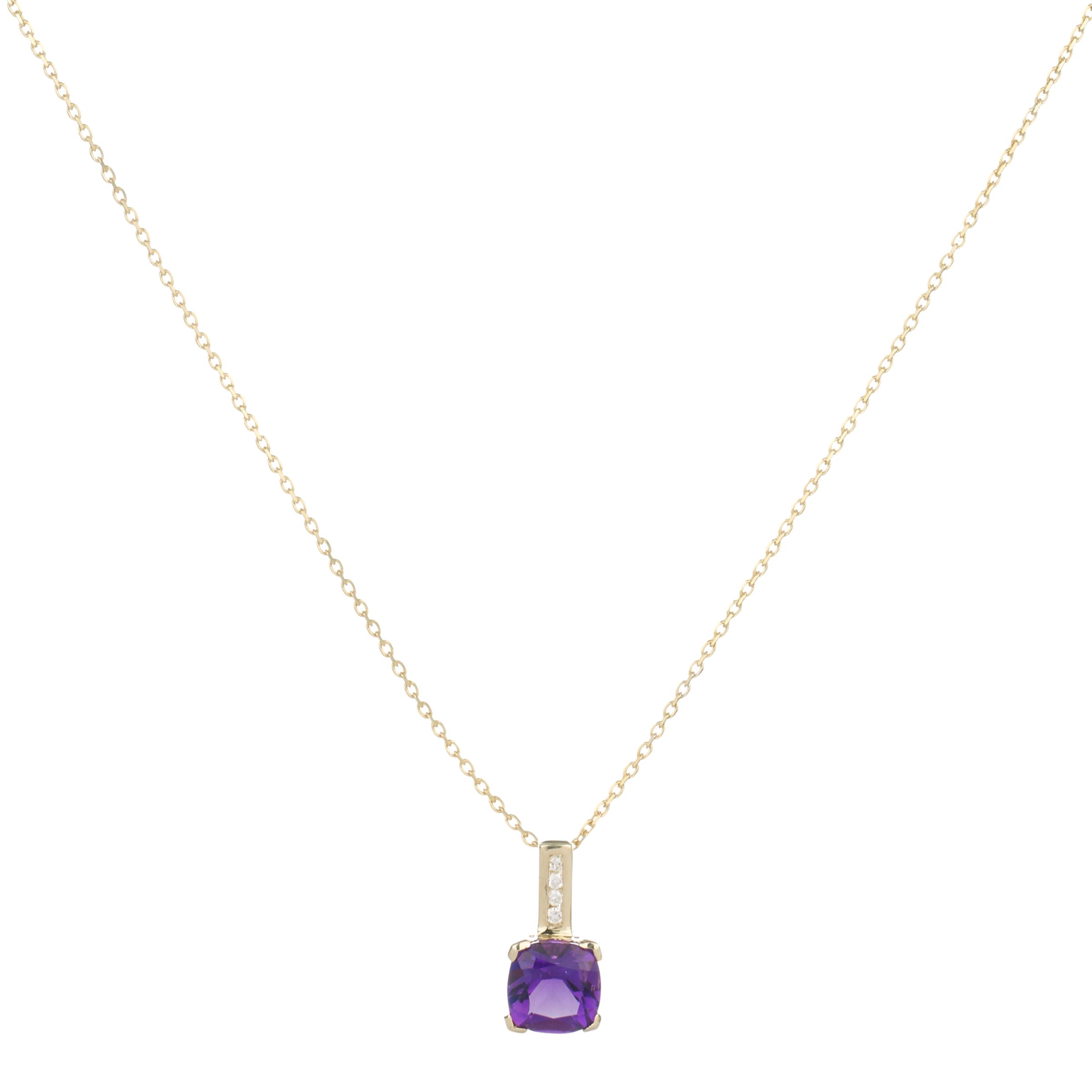 9ct Yellow Gold Cushion Cut Amethyst Diamond Pendant Necklace