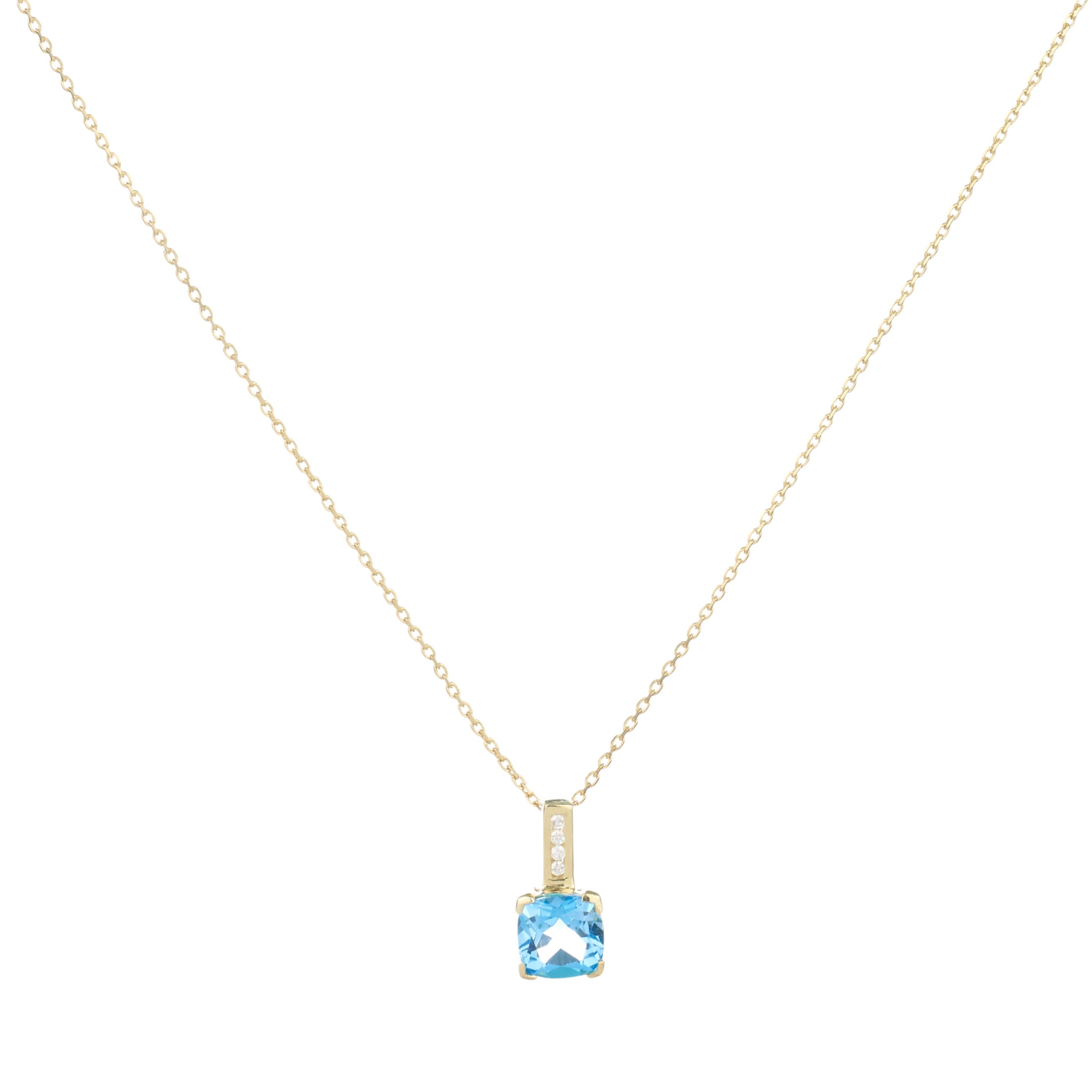 9ct Yellow Gold Cushion Cut Blue Topaz Pendant Necklace