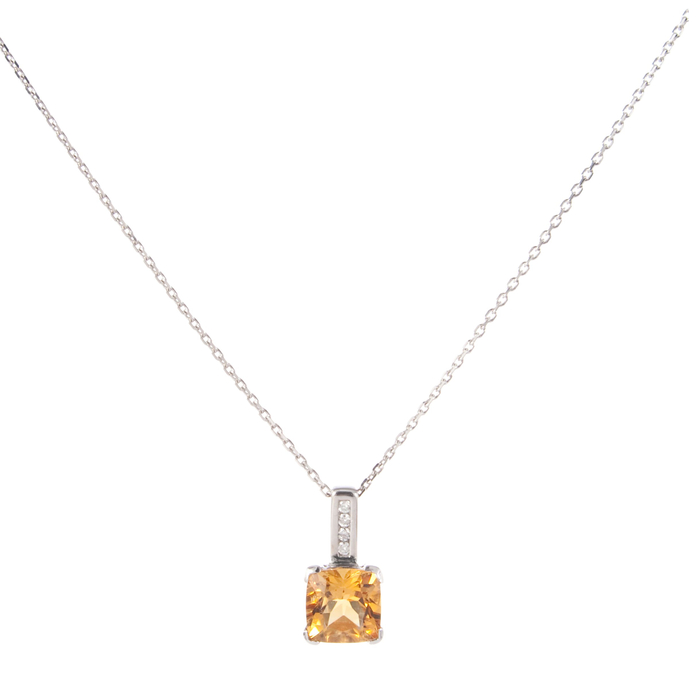 White Gold Cushion Cut Citrine Pendant with Diamond Bar Necklace