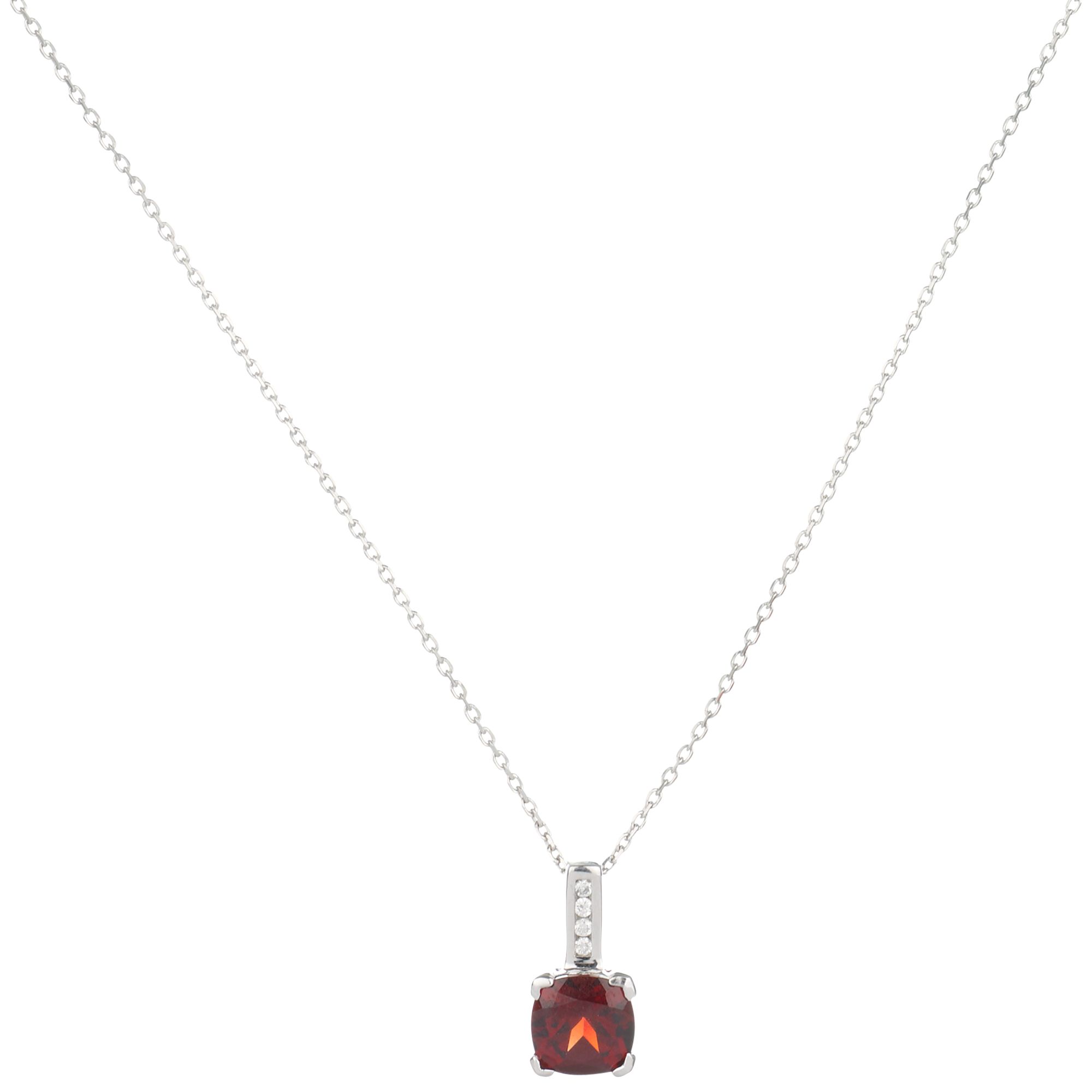 9ct White Gold Garnet Cushion Cut Diamond Pendant Necklace