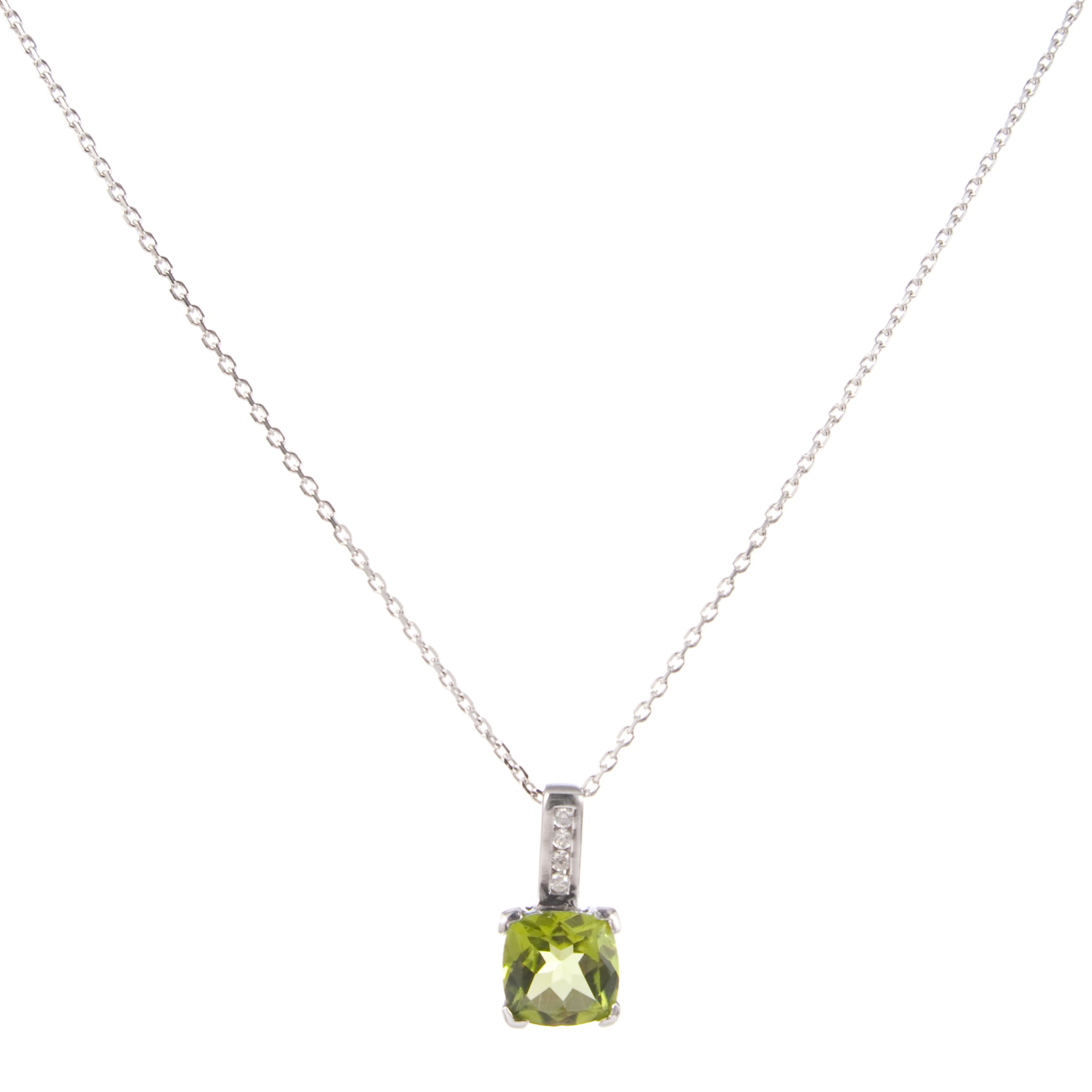 White Gold Cushion Cut Peridot Pendant with Diamond Bar Necklace