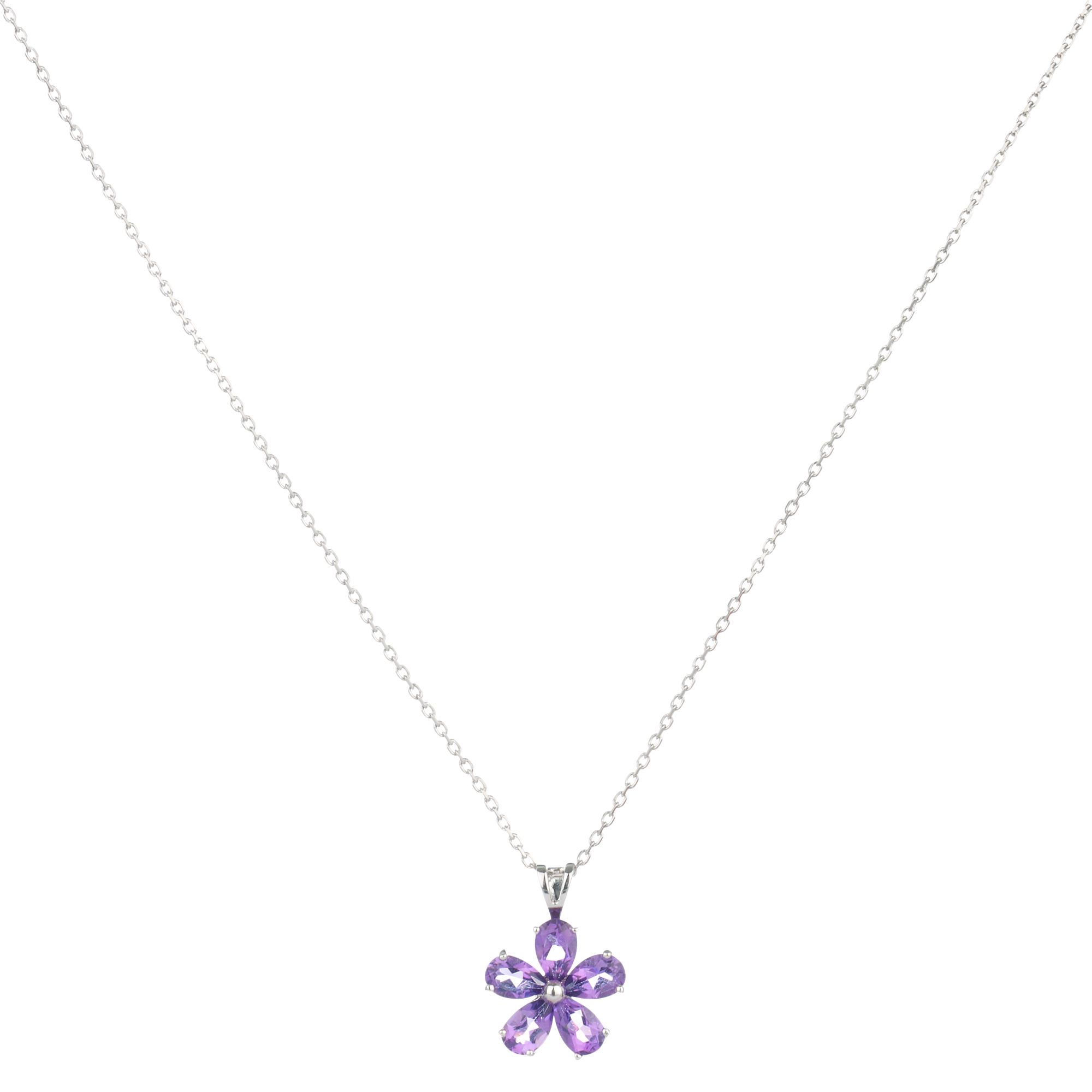 9ct White Gold Amethyst Daisy Flower Pendant Necklace