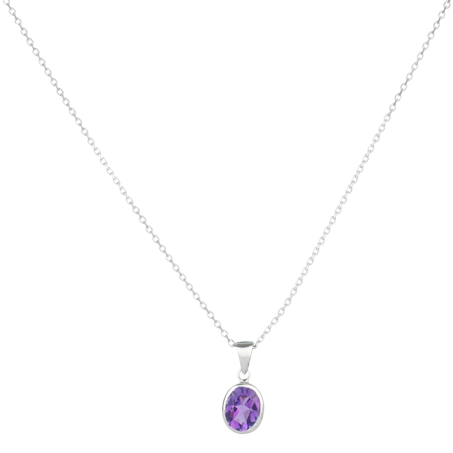 9ct White Gold Amethyst Rubover Oval Pendant Necklace